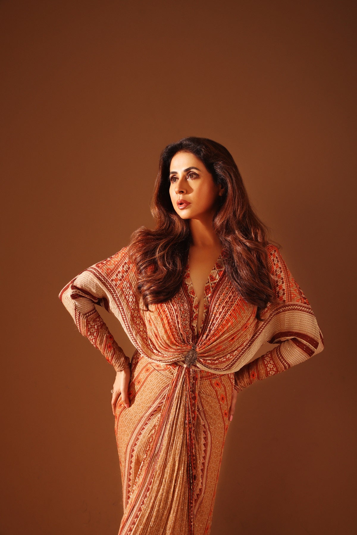 URMILA MANDOTKAR Dark Beige Placement Print Draped Maxi Dress - Elegant Boho Chic Dress for Women, Perfect for Weddings, Parties & Summer Vacations