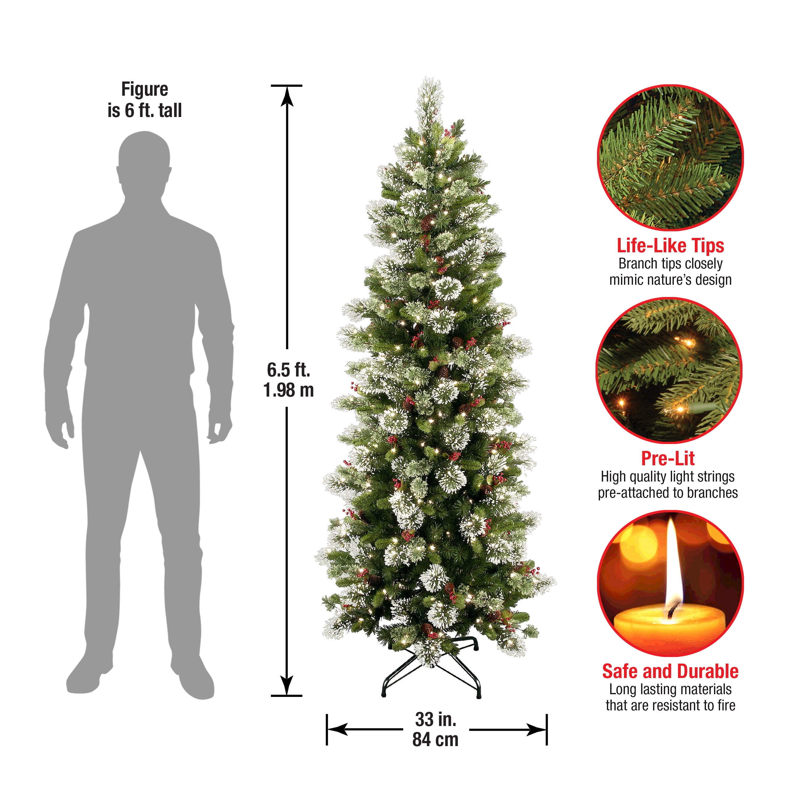 6.5 ft Pre-Lit Slim Wintry Pine Christmas Tree with 300 Clear LED Lights - Perfect for Small Spaces & Holiday Home Decor