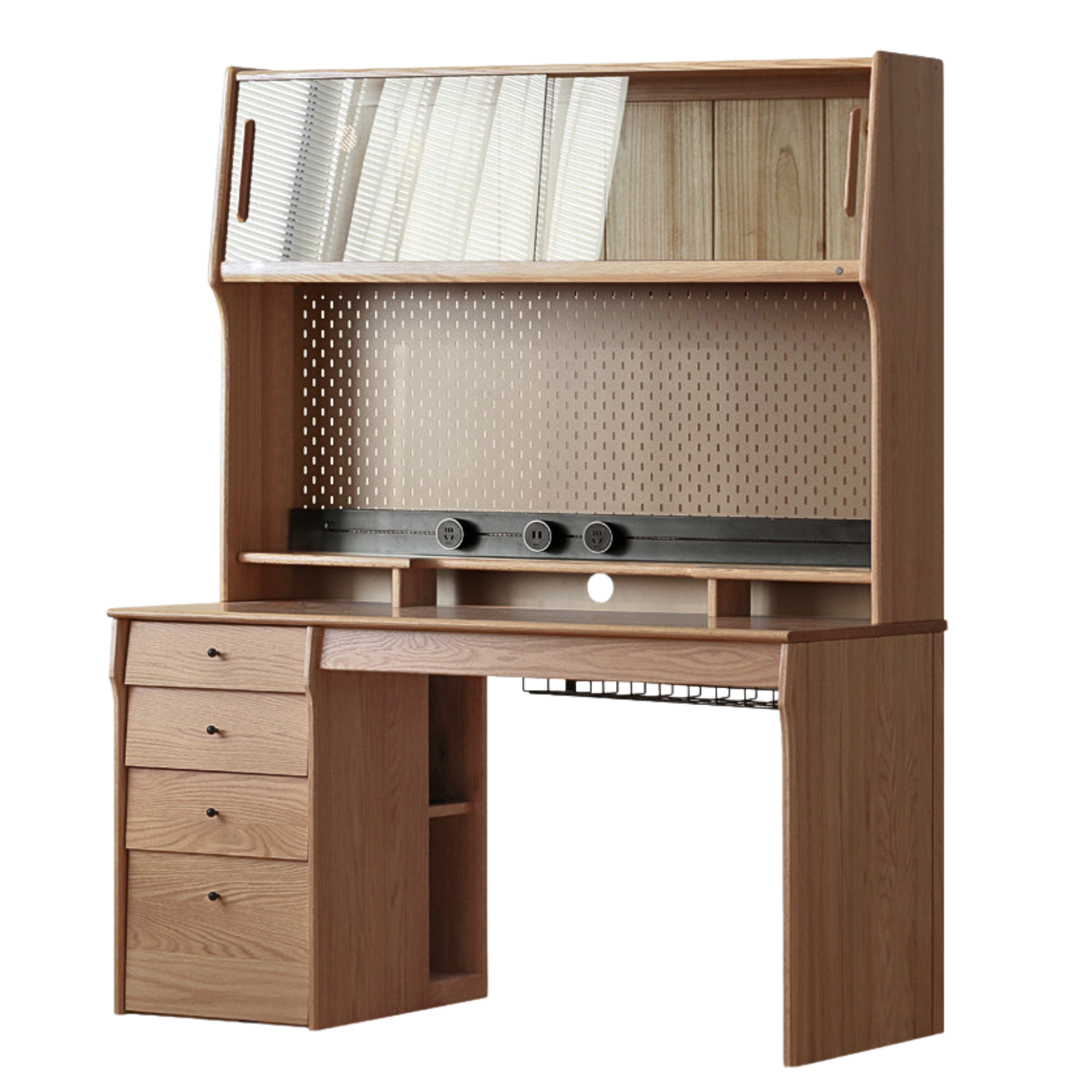 Solid Oak & Cherry Wood Desk Bookshelf with Warm LED Lighting - Perfect for Home Office, Study Room, and Library Organization