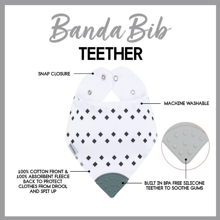 Bazzle Baby Bandana Teething Bibs 4-Pack – Soft Cotton Drool Bibs for Boys & Girls with Silicone Teether for Teething Relief, Adjustable & Absorbent Baby Bibs for Drooling (Gray & White) – Perfect for Feeding, Playtime & Daily Outfits