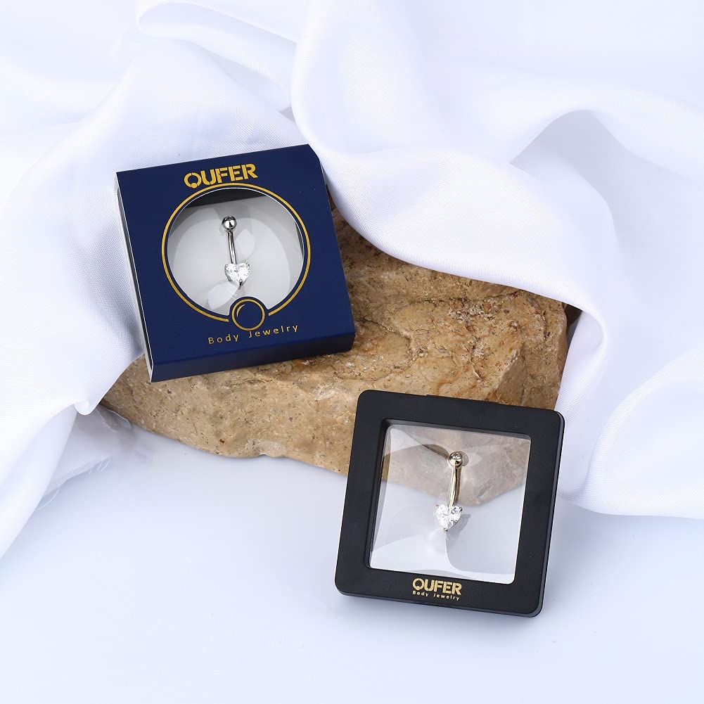 14K Solid White Gold Belly Button Rings with Heart Solitaire Cubic Zirconia - OUFER Body Piercing Jewelry for Women, Perfect for Everyday Wear & Special Occasions