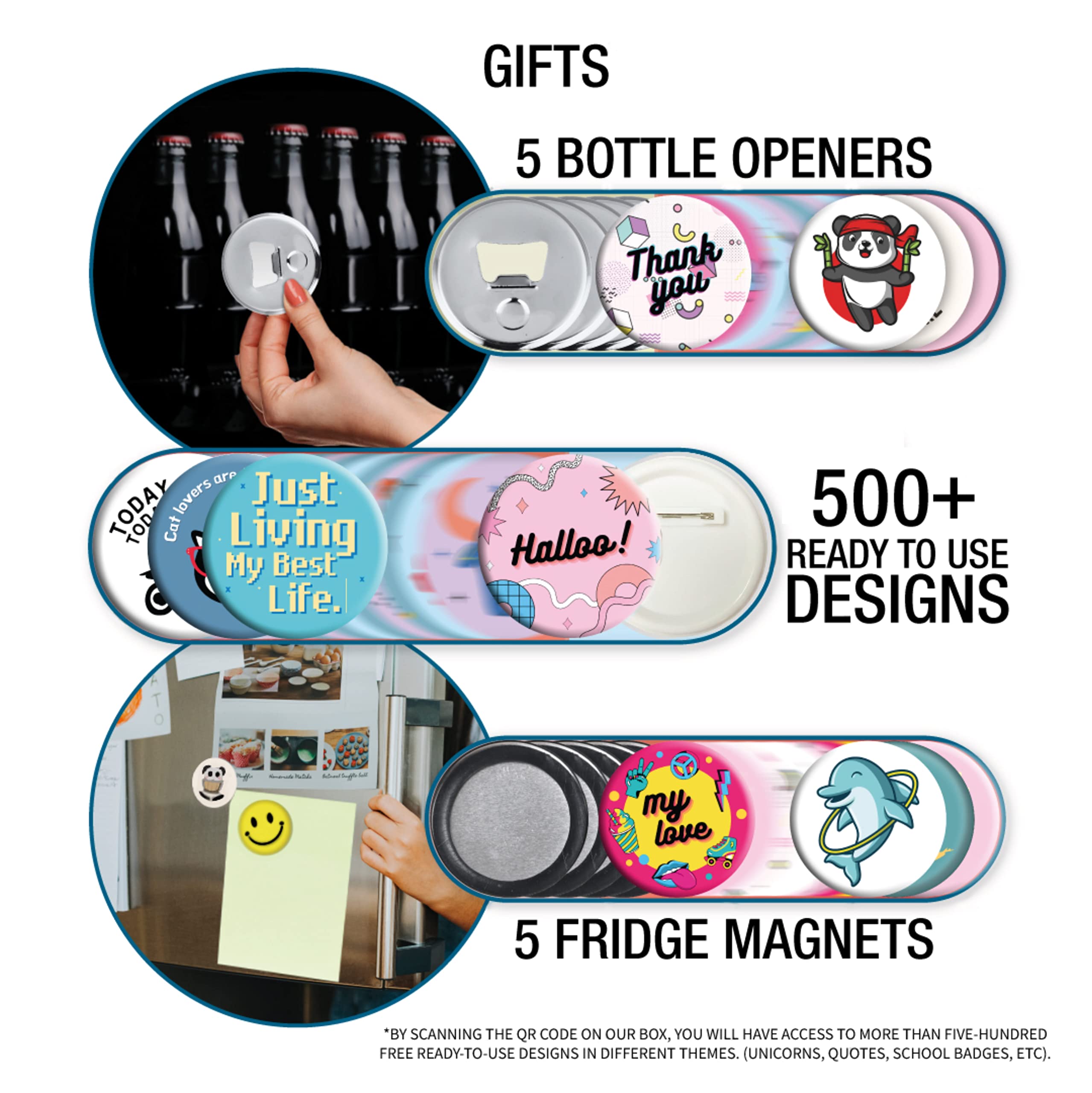 2.25 Inch (58mm) Button Maker Machine Kit - DIY Pin Badge Press with 100 Buttons, 5 Bottle Openers & Magnets + 500+ Free Designs (Circle Cutter & Magic Book Included) - No Installation Required for Custom Buttons, Pins & Promotional Items - Perfect for School Projects, Events, Fundraisers & Small Business Branding