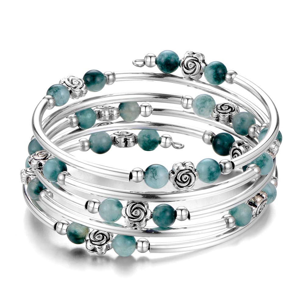 BULINLIN Wrap Bangle Rose Bead Bracelet - Natural Agate Stone Beaded Bracelet for Women | Boho Chic Jewelry Gift for Her | Perfect for Weddings, Parties & Everyday Wear