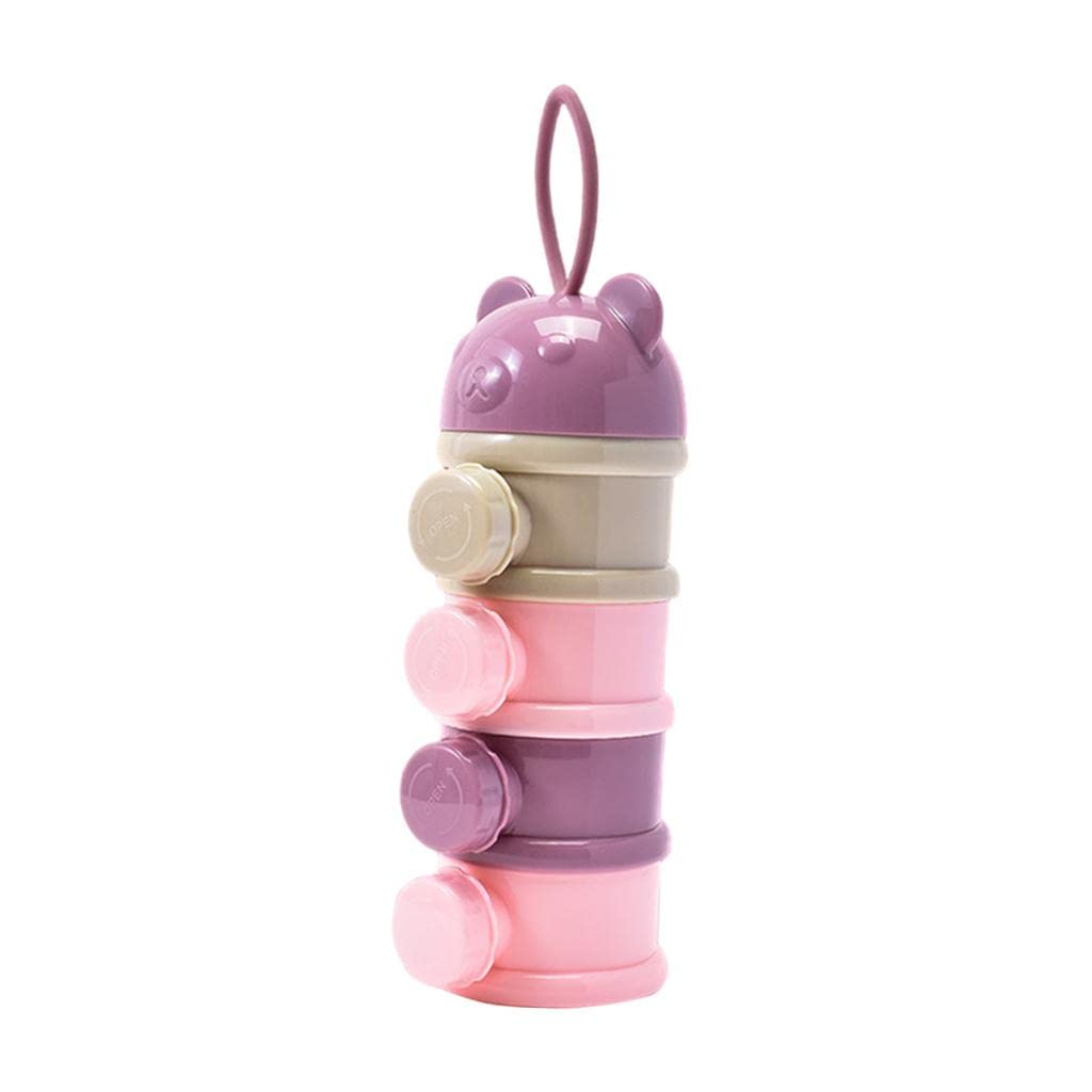 Bear-Shaped Stackable 4-Layer Milk Powder Dispenser with Side Opening & Lanyard - Portable Formula Storage Container for Baby Travel, Daycare & On-the-Go Feeding (Purple)