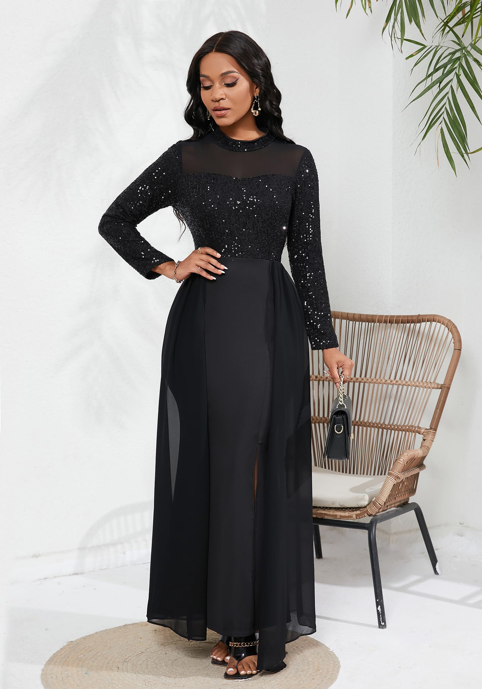VERWIN Women's Sparkly Sequin Bodycon Maxi Dress - Elegant Mesh & Chiffon Long Dress with Side Slit & Patchwork Design for Party, Evening, Prom & Special Occasions