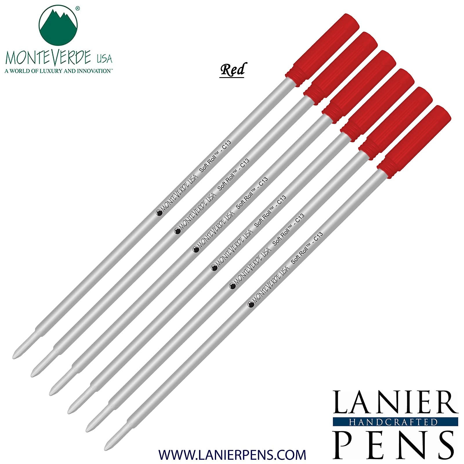 Monteverde Soft Roll Ballpoint C13 Ink Refill 6-Pack - Compatible with Cross Style Pens - Medium Tip 0.7mm Red - Perfect for Office, School & Everyday Writing