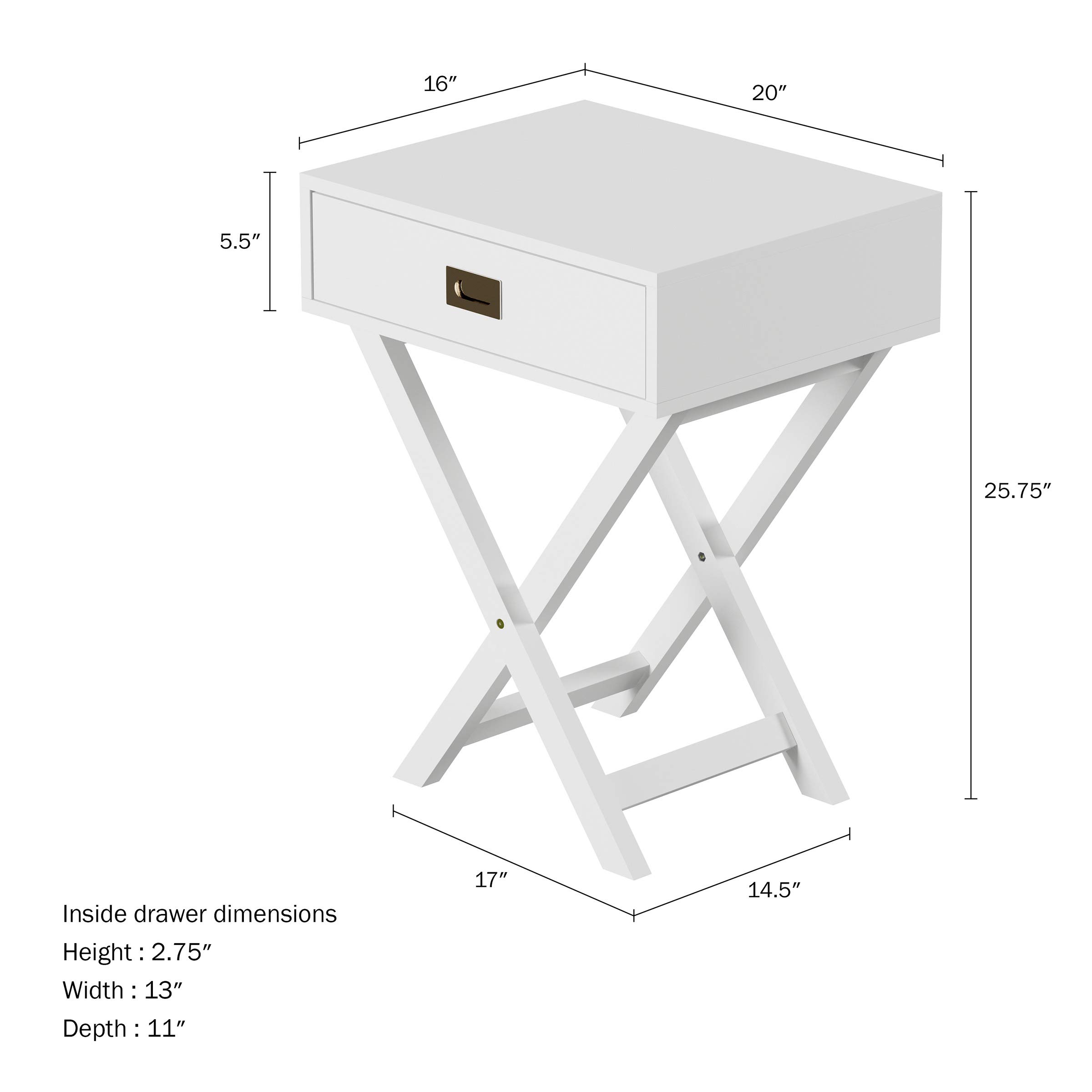 Modern X-Leg End Table with Drawer - Contemporary Wooden Sofa Side Table for Living Room & Bedroom - White Nightstand for Coffee, Books & Decor - Perfect for Small Spaces & Home Office