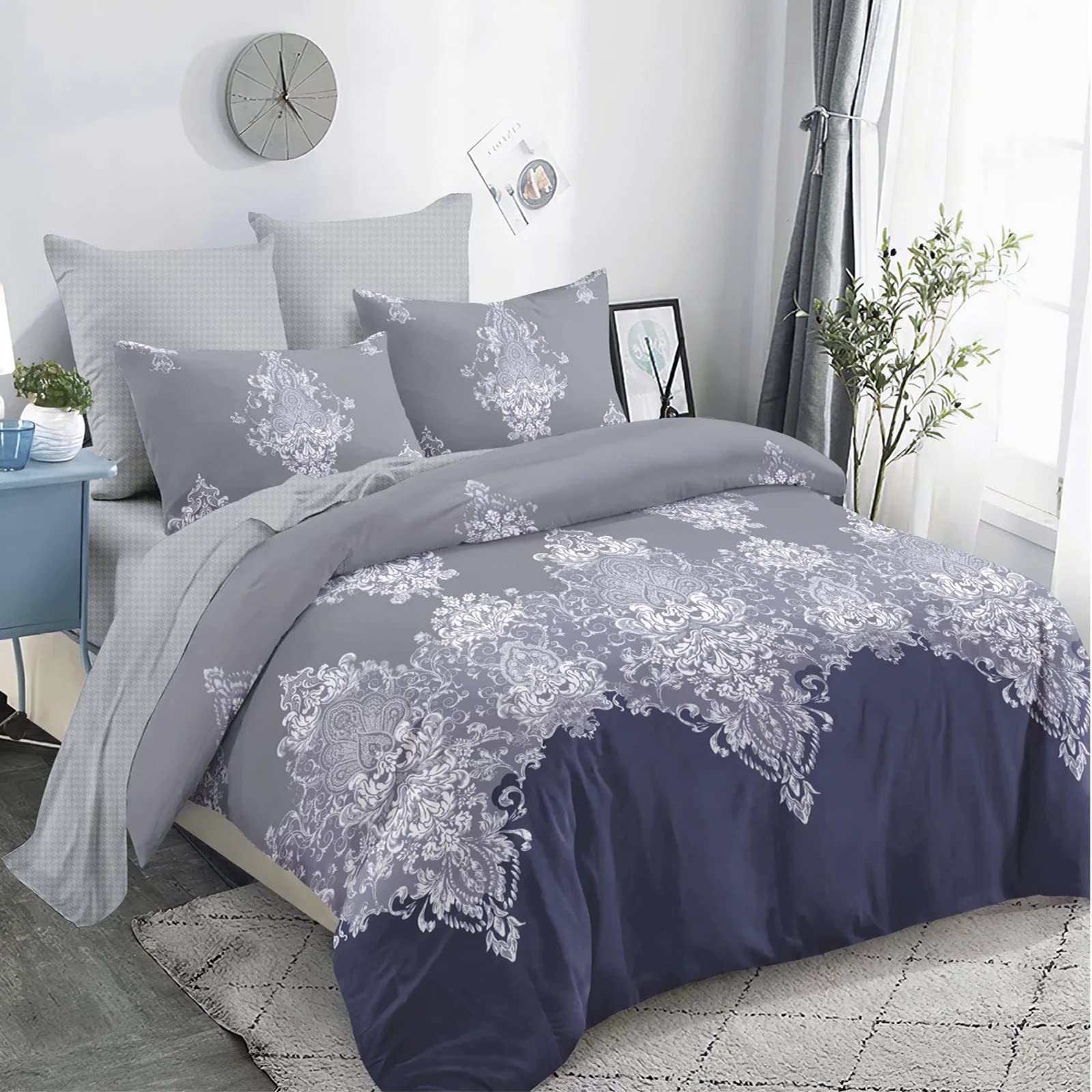 Shatex 2-Piece Twin Comforter Set - Ultra Soft All-Season Polyester Bedding with White Floral Design - Navy Blue - Perfect for Guest Rooms, Dorms & Cozy Bedrooms