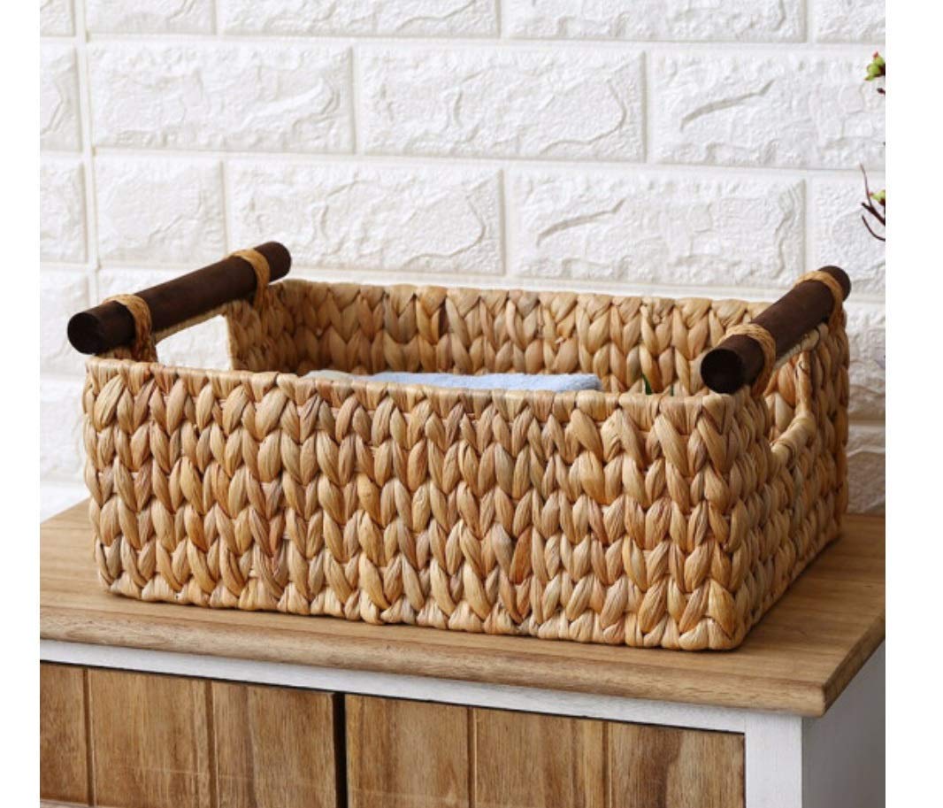 Handmade Straw American Solid Wood Handle Storage Basket - 37x26x16x13.5cm - Coffee Table Organizer, Snack Storage, Home Decor for Living Room & Bedroom