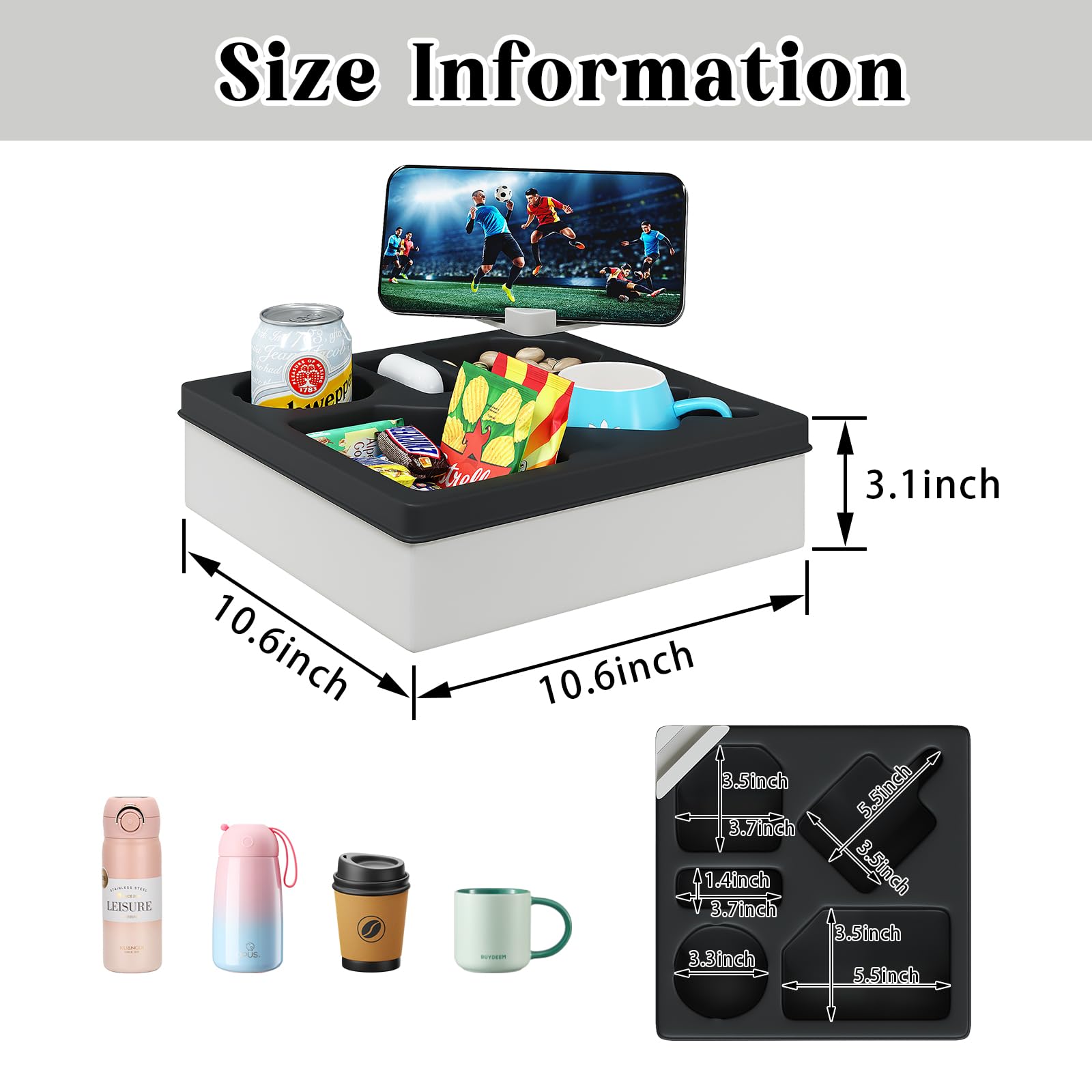 Rotatable Couch Caddy with Phone Holder - Sofa & Bed Cup Holder Tray Organizer - Waterproof Drink Holder for Beverages, Snacks & Remote Control - Perfect for Living Room, Bedroom & Home Theater (Black)