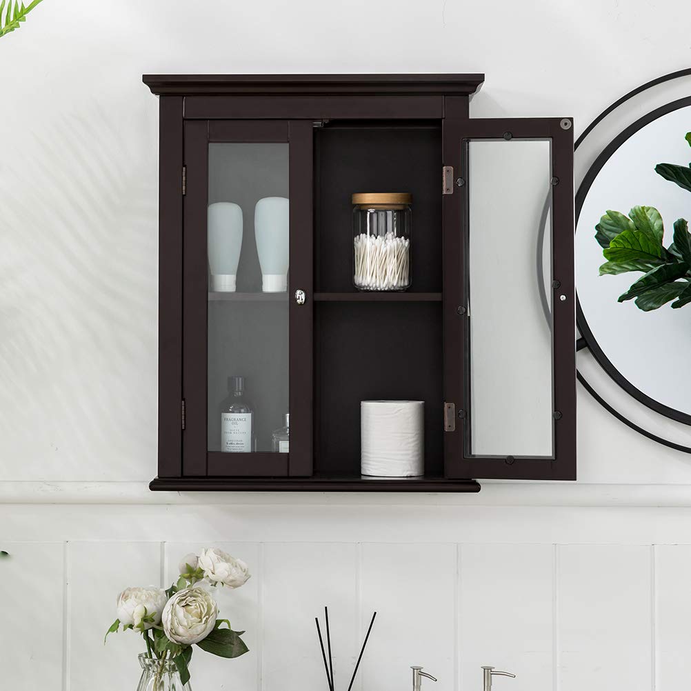 Glitzhome Espresso Wooden Wall Storage Cabinet with Double Glass Doors - Perfect for Bathroom, Bedroom, Kitchen & Living Room Organization | Space-Saving Home Decor Furniture