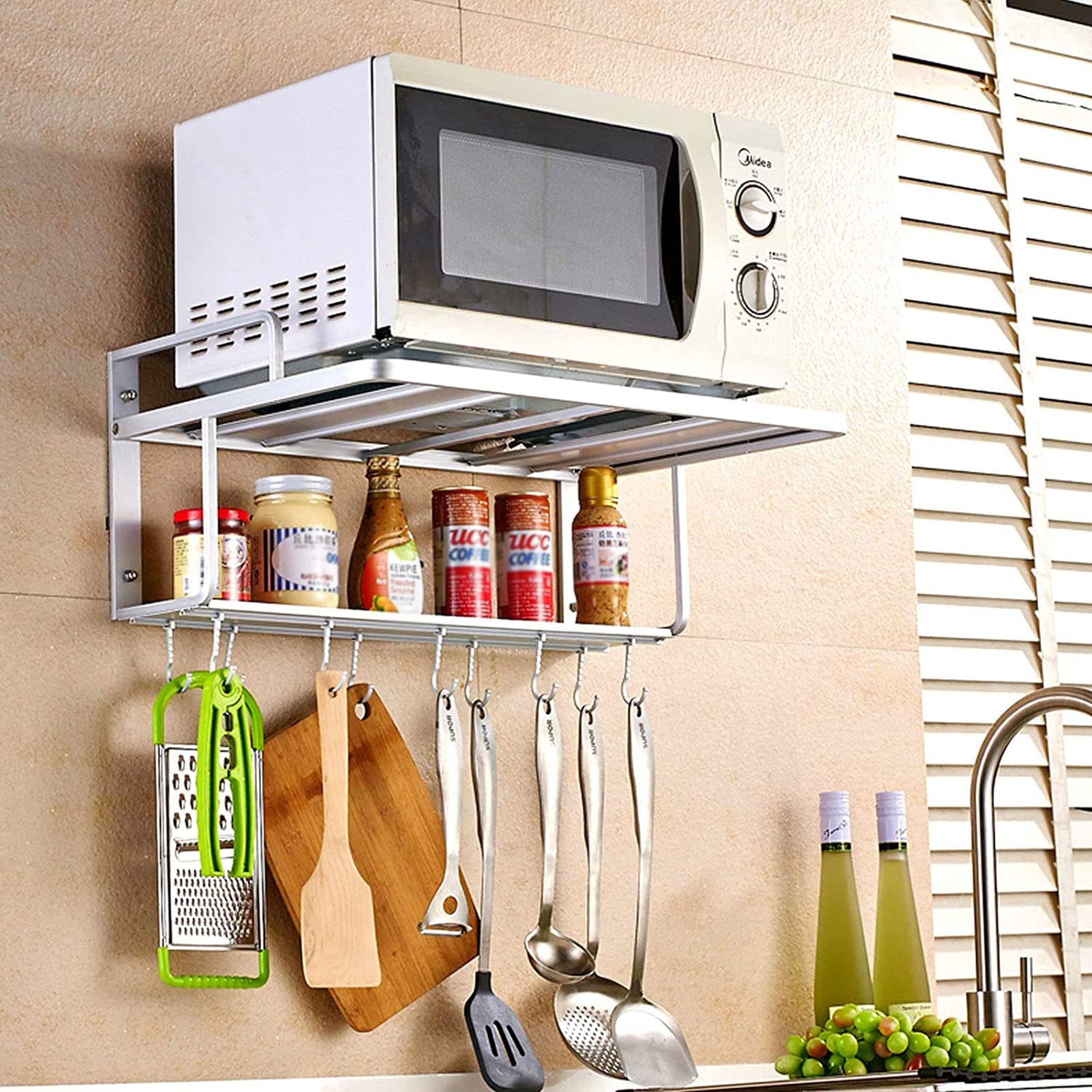 Double Layer Microwave Shelf - Wall Mounted Kitchen Storage Organizer with 10 Hooks for Pans, Pots, Knives & Spoons | Space Saving Kitchen Rack for Small Kitchens & Apartments
