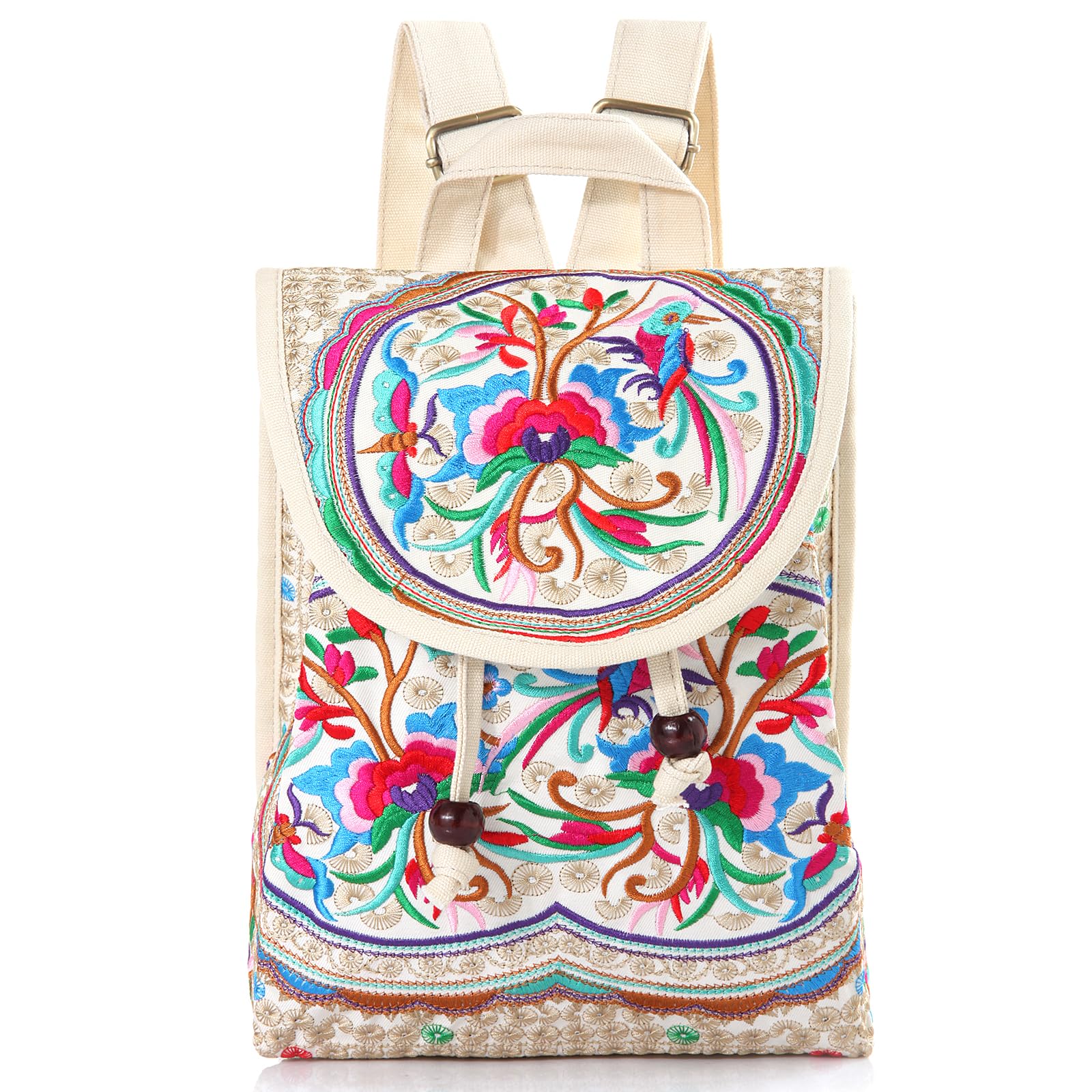 Vintage Embroidered Women's Backpack - Boho Ethnic Travel Handbag & Shoulder Bag in Beige | Perfect for Travel, Hiking, and Everyday Use