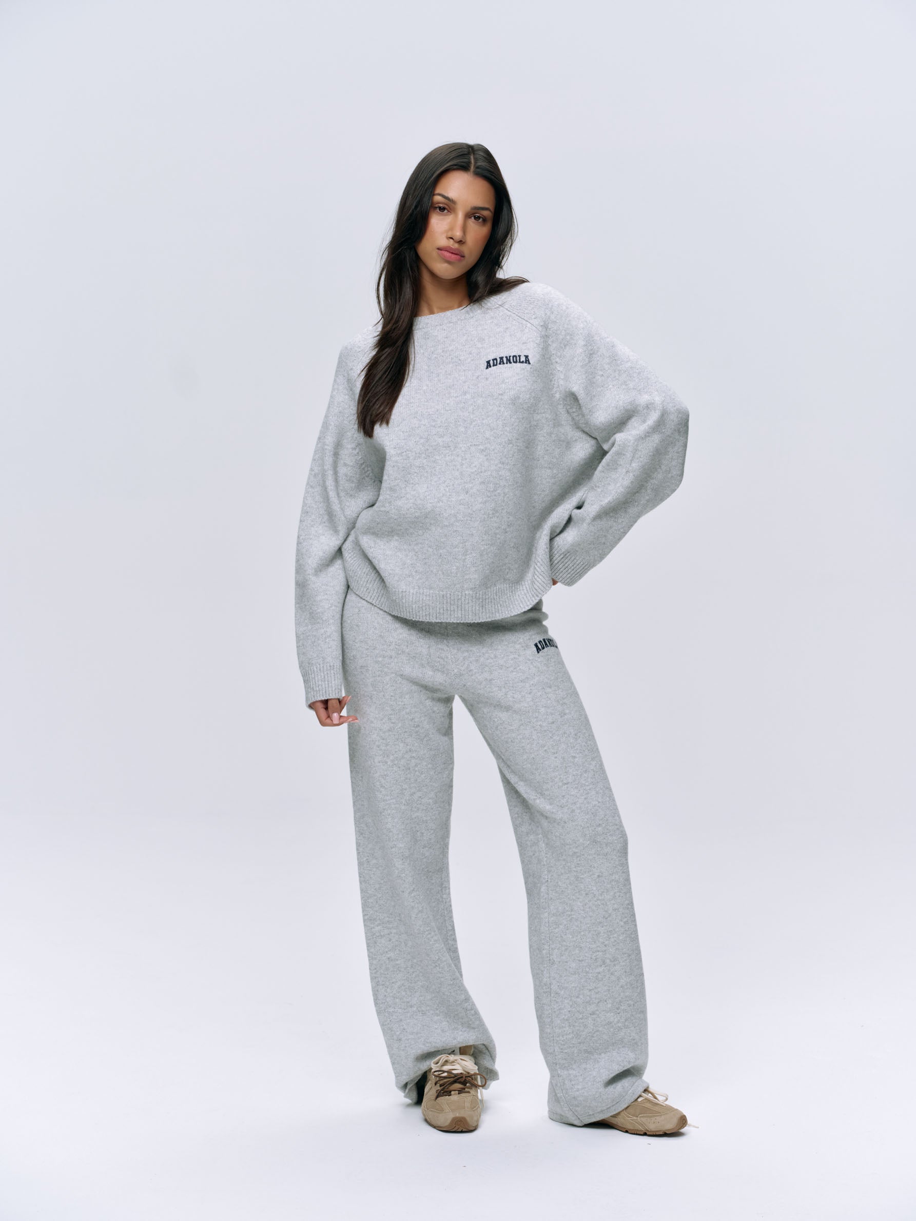 Varsity Knit Straight Leg Sweatpants for Men & Women - Light Grey Melange & Navy Blue - Comfortable Casual Lounge Pants for Home, Gym, and Everyday Wear