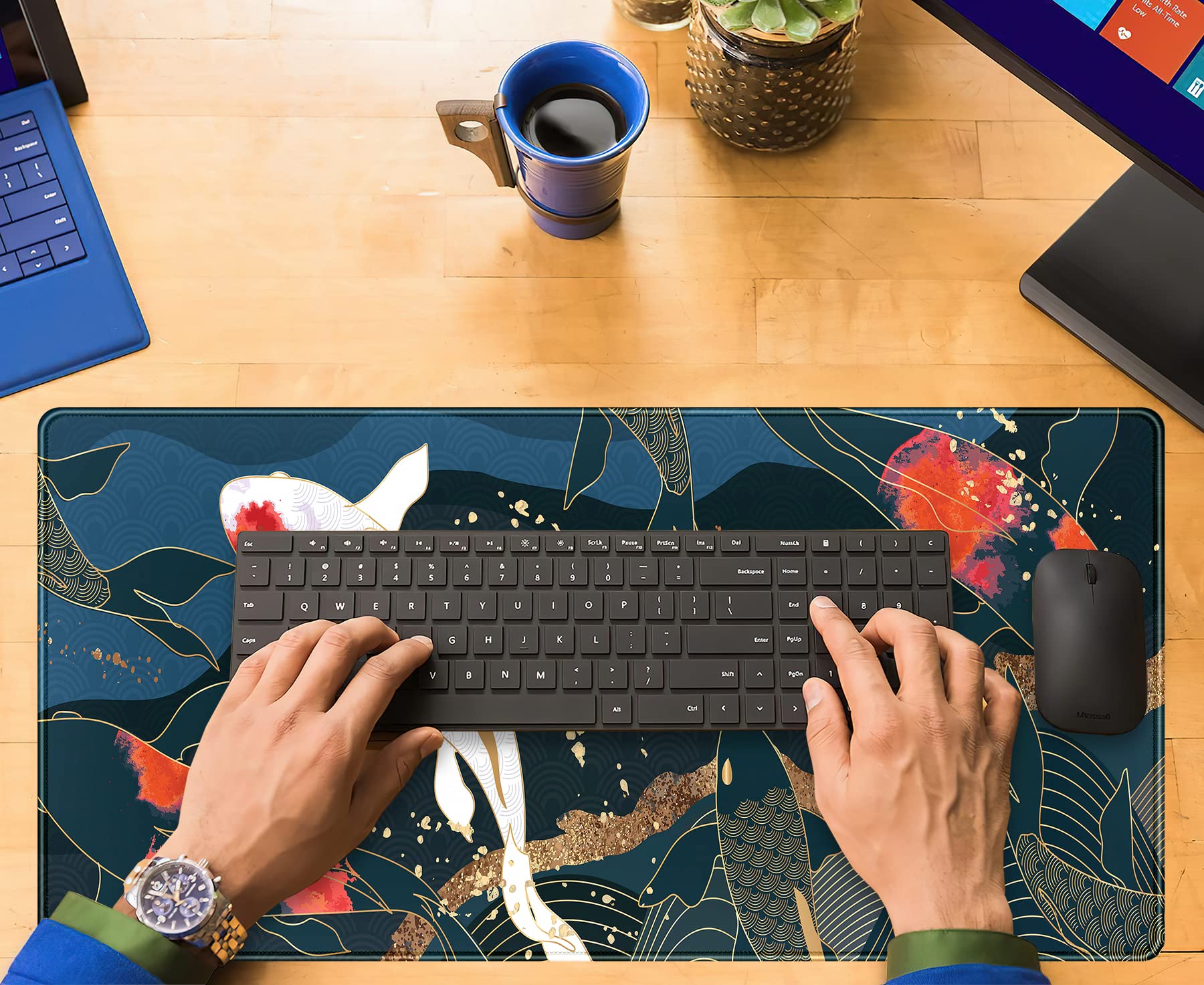 Anime Koi Carp XXL Gaming Mouse Pad - Japanese Style Cute Koi Fish Design Large Desk Mat (31.5x15.75 in) for Computer, Laptop, Keyboard - Perfect for Girl Gamers, Office & Home Workspace Protection