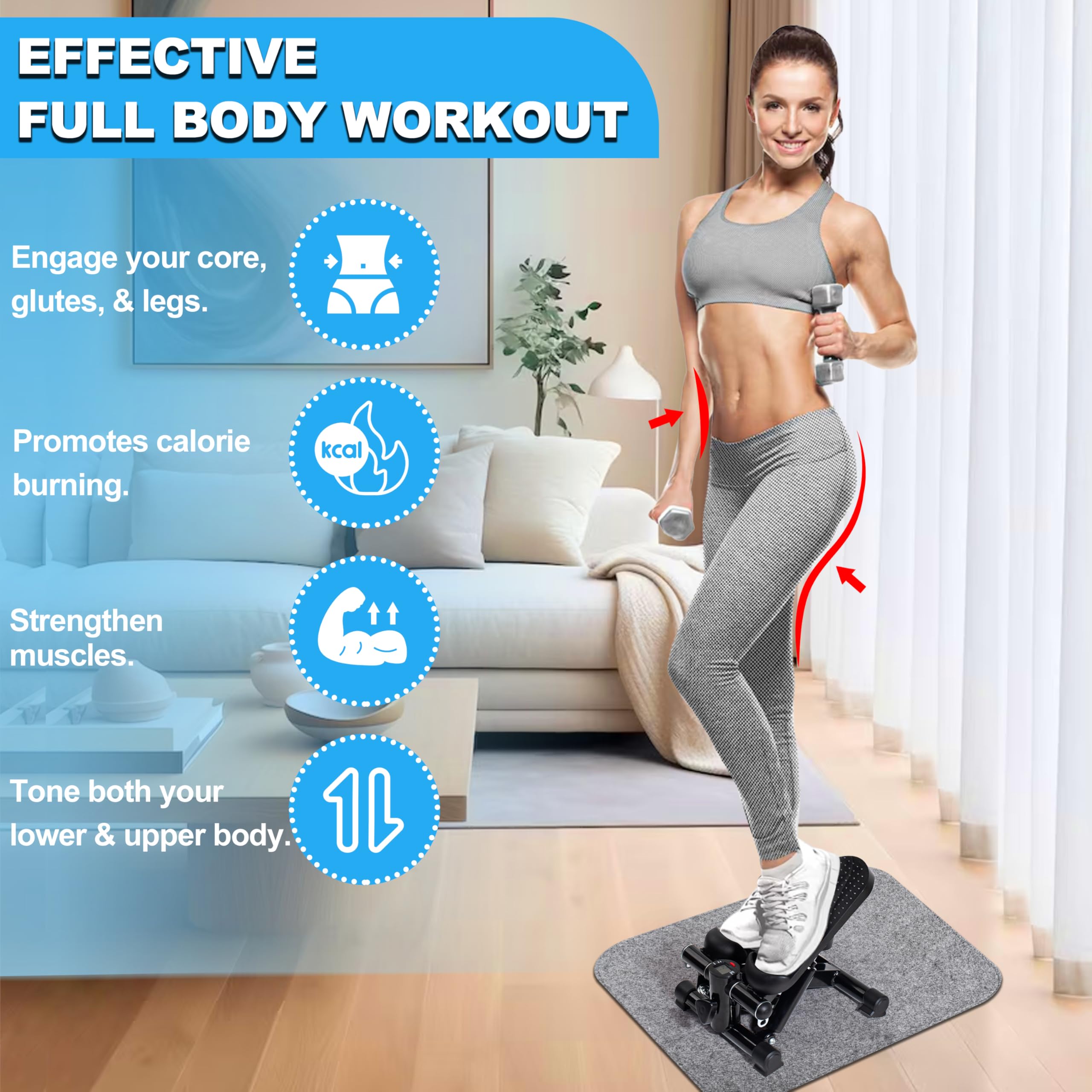 **Hydraulic Stair Stepper for Home Workout - Adjustable Height, 330 lbs Capacity with Resistance Bands & Non-Slip Mat - LCD Display for Steps & Time Tracking - Perfect for Cardio, Leg Toning & Full-Body Fitness**