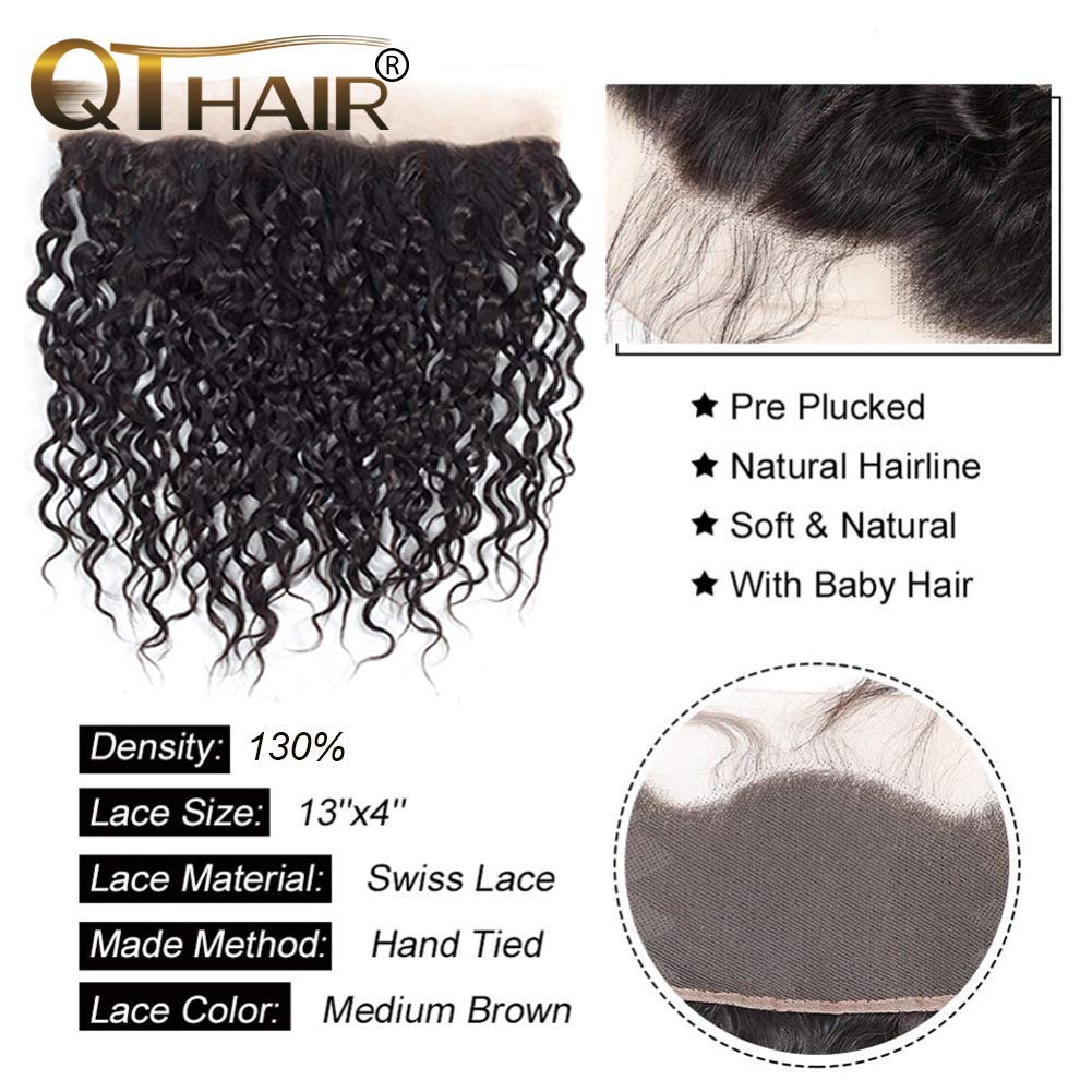 QTHAIR 14A Water Wave Brazilian Virgin Human Hair Bundles with Lace Frontal (18