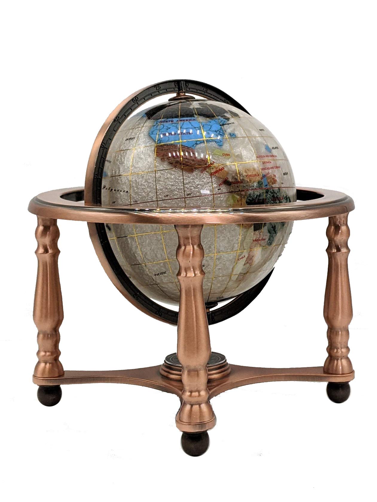 10-Inch Pearl Swirl Ocean Gemstone World Globe with Copper Stand - Unique Art Tabletop Decor for Home, Office & Gift Giving