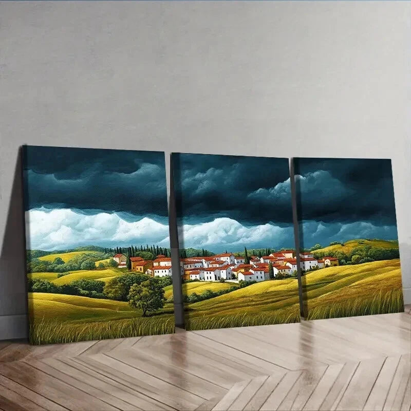 3-Piece Red Roof Village Painting Wall Art Set - Framed Canvas 50x70cm | High Quality Australian Made Prints | Ready to Hang Home Decor for Living Room, Bedroom & Office