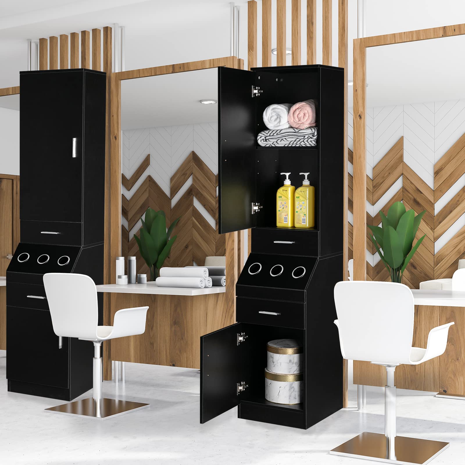 OmySalon Professional Barber Station with 2-Tier Storage Shelf, 2 Drawers, Large Cabinet & 3 Hot Tool Holders - Perfect for Salon, Barbershop & Home Hair Styling Organization - Black