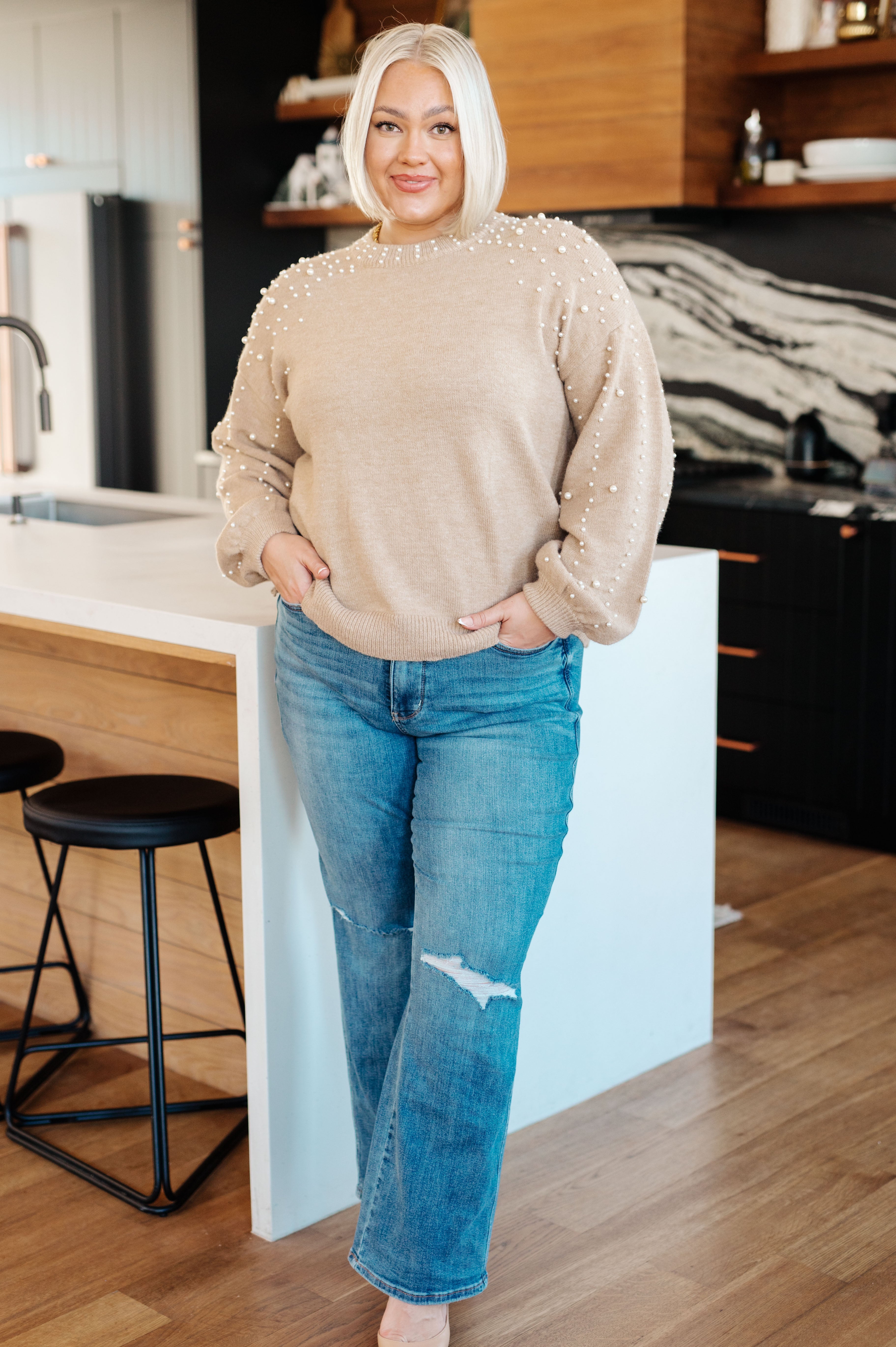 Elegant String Me Along Pearl Accent Sweater - Women's Chic Knit Pullover with Pearl Details for Casual Wear & Office Outfits