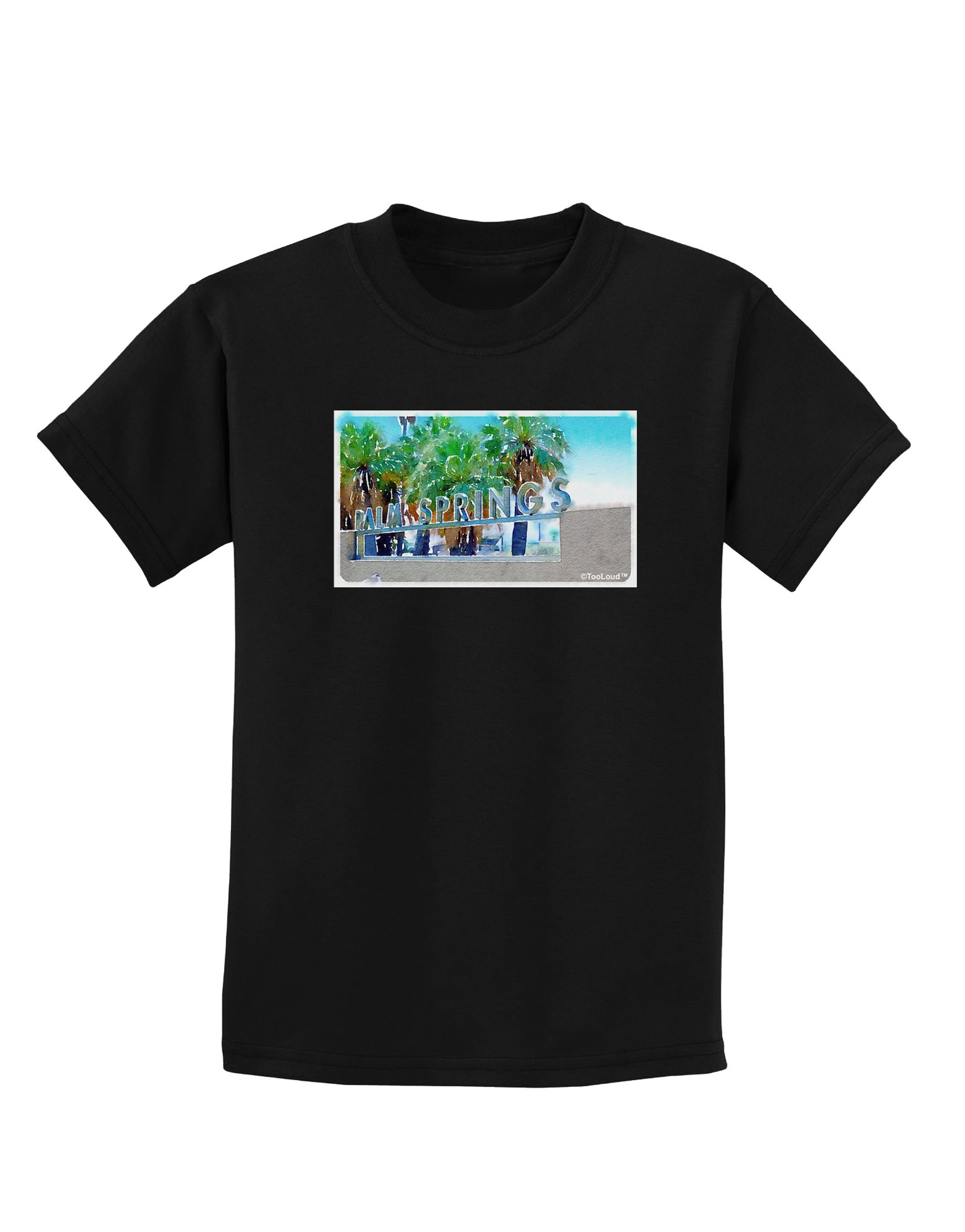 TOOLOUD Palm Springs Watercolor Print Kids Dark T-Shirt - Soft Cotton Tee for Boys & Girls - Perfect for School, Playdates & Family Outings