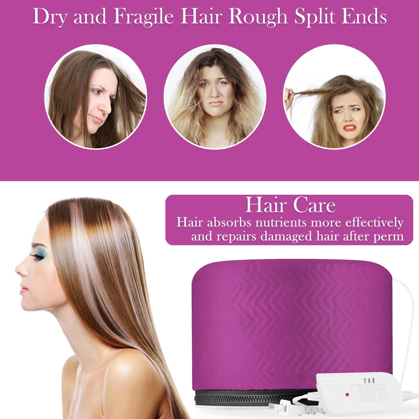 Smoostart Hair Steamer Cap - Portable 3-Temperature Hair Care Hat for Deep Conditioning, Hair Spa & Scalp Treatment | Perfect for Home Salon, Keratin Treatment & Damaged Hair Repair (Purple)