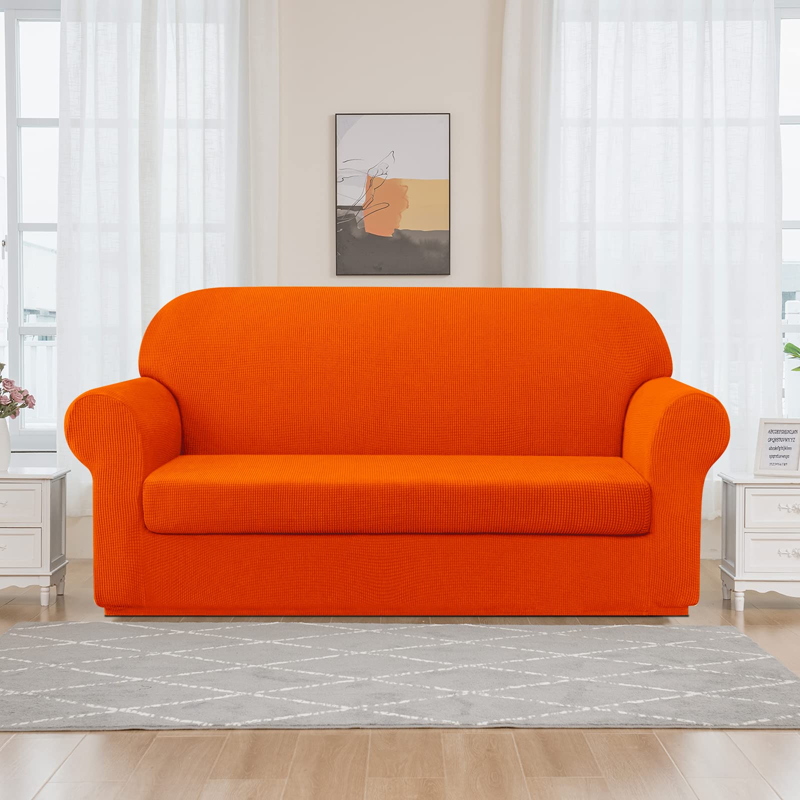 SUBRTEX Stretch Sofa Covers 2-Piece Set - Washable Elastic Slipcover for 2-3 Cushion Couches, Medium Size in Orange - Perfect for Living Room Protection & Home Decor