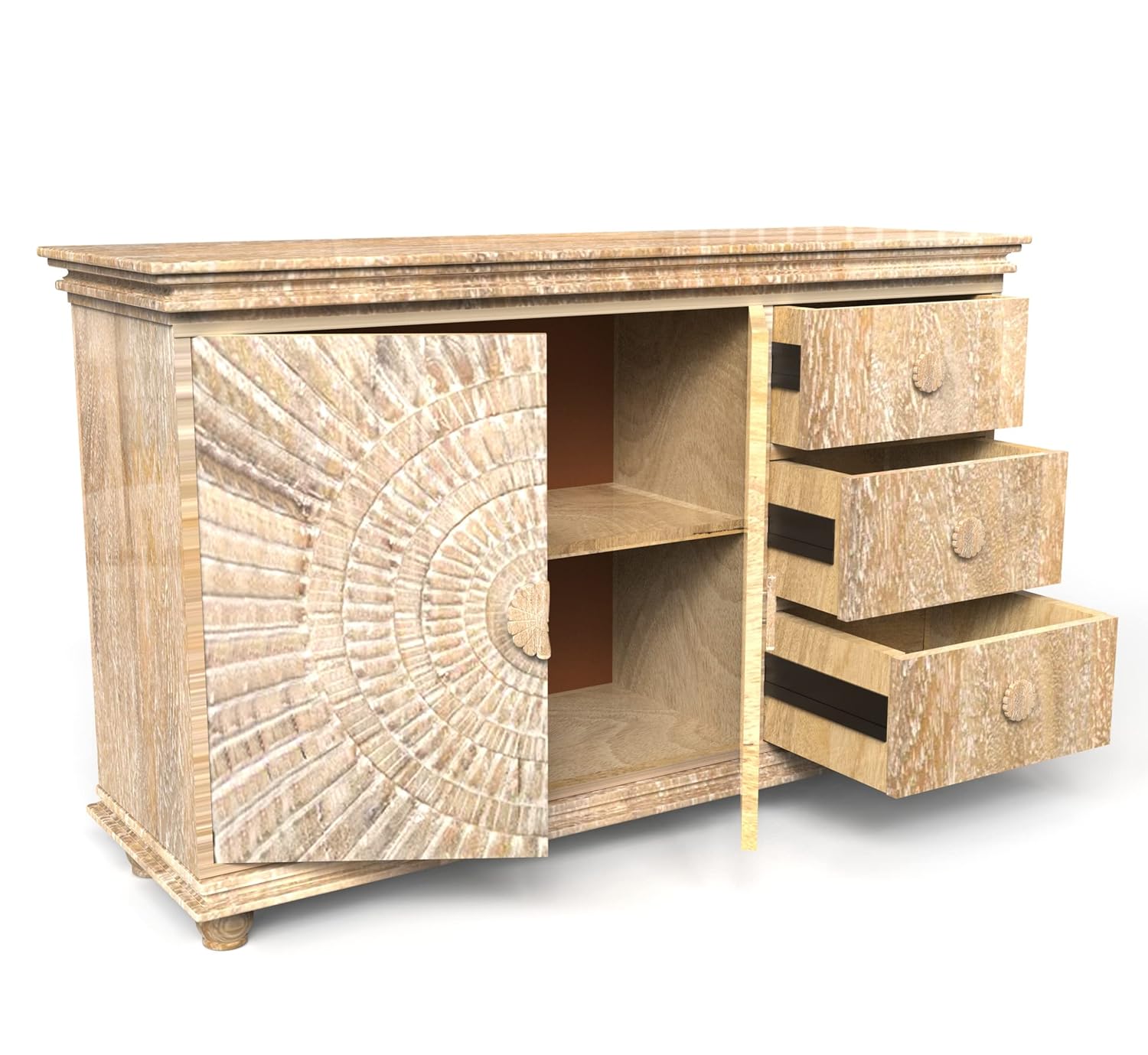 Handcrafted Corsica Sunburst Carved Solid Mango Wood Sideboard Cabinet - Farmhouse White Storage Chest for Dining Room & Living Room Decor