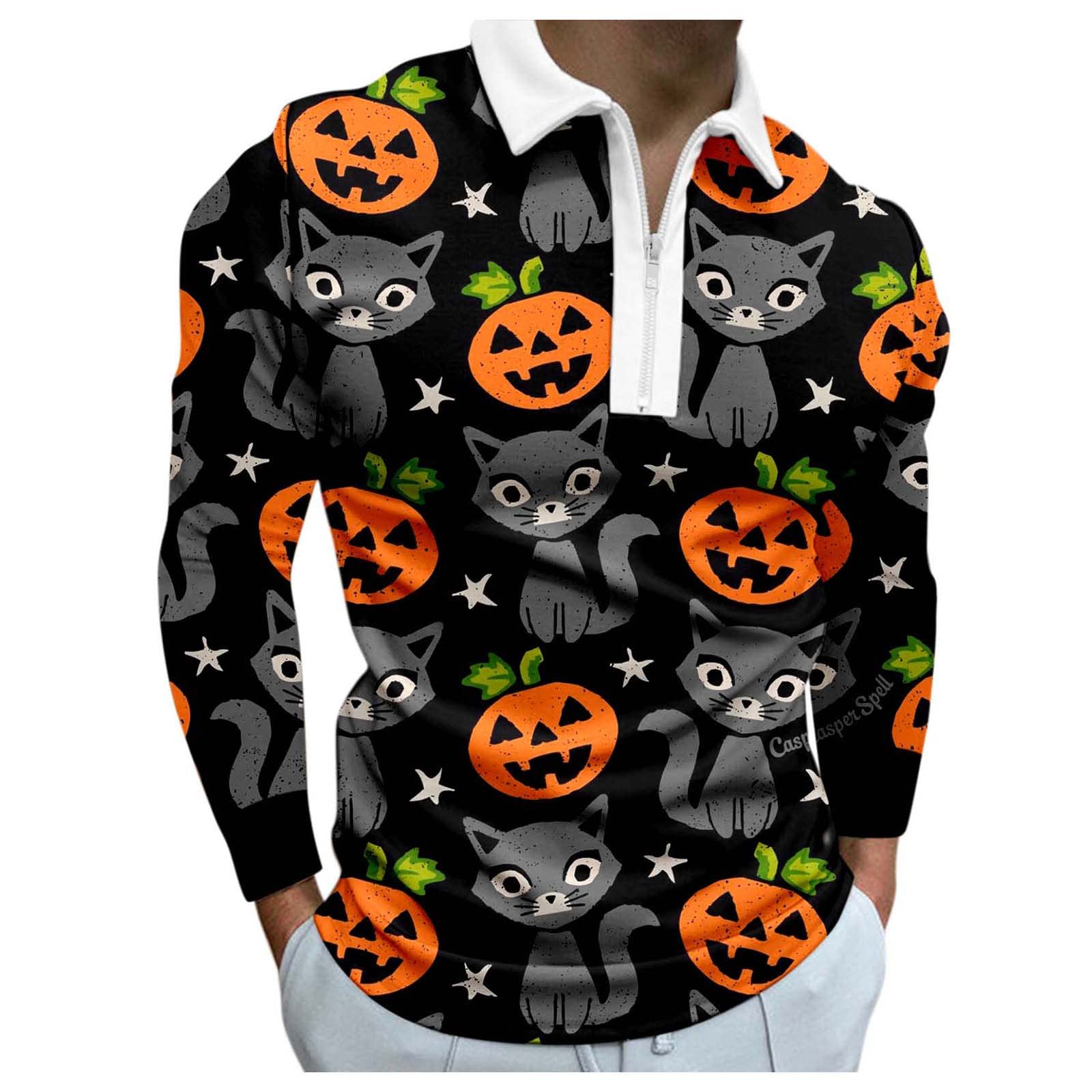 Heat Gear Long Sleeve Men's Casual Halloween Print Zipper Shirt with Turn Down Collar - Perfect for Costume Parties, Cosplay, and Everyday Wear