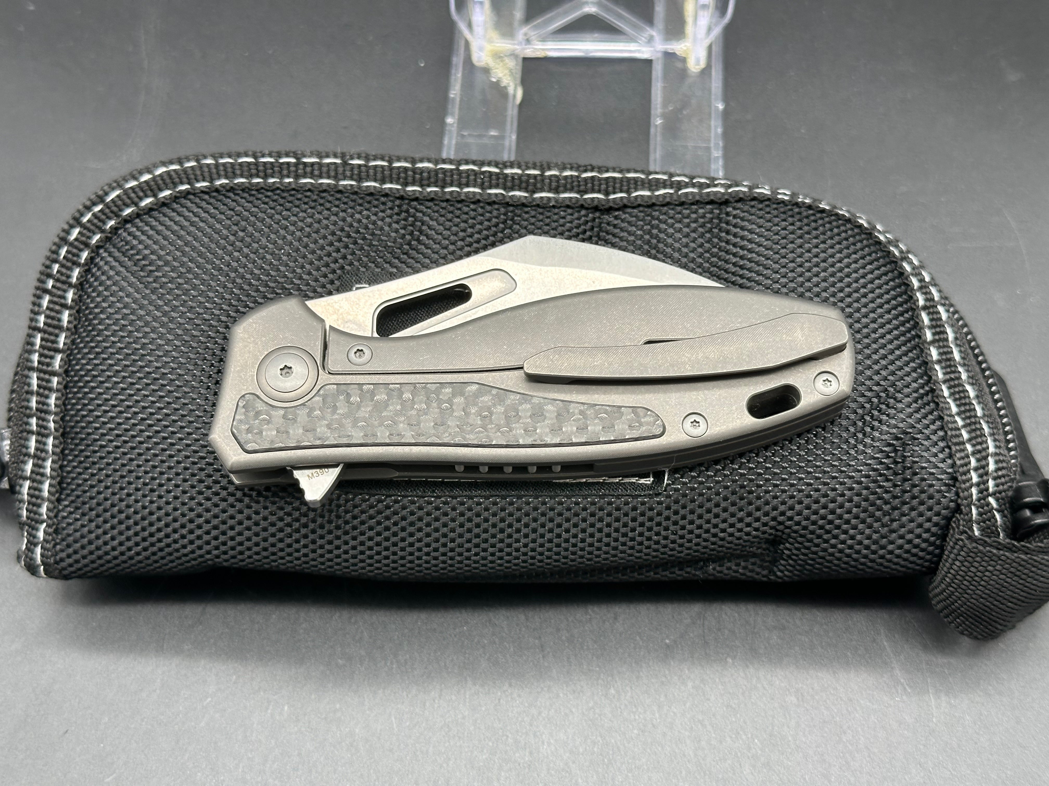 Premium M390 Blade Folding Knife with Grey Titanium Handle & Carbon Fiber Inlays - Perfect for EDC, Outdoor Adventures, and Survival Gear