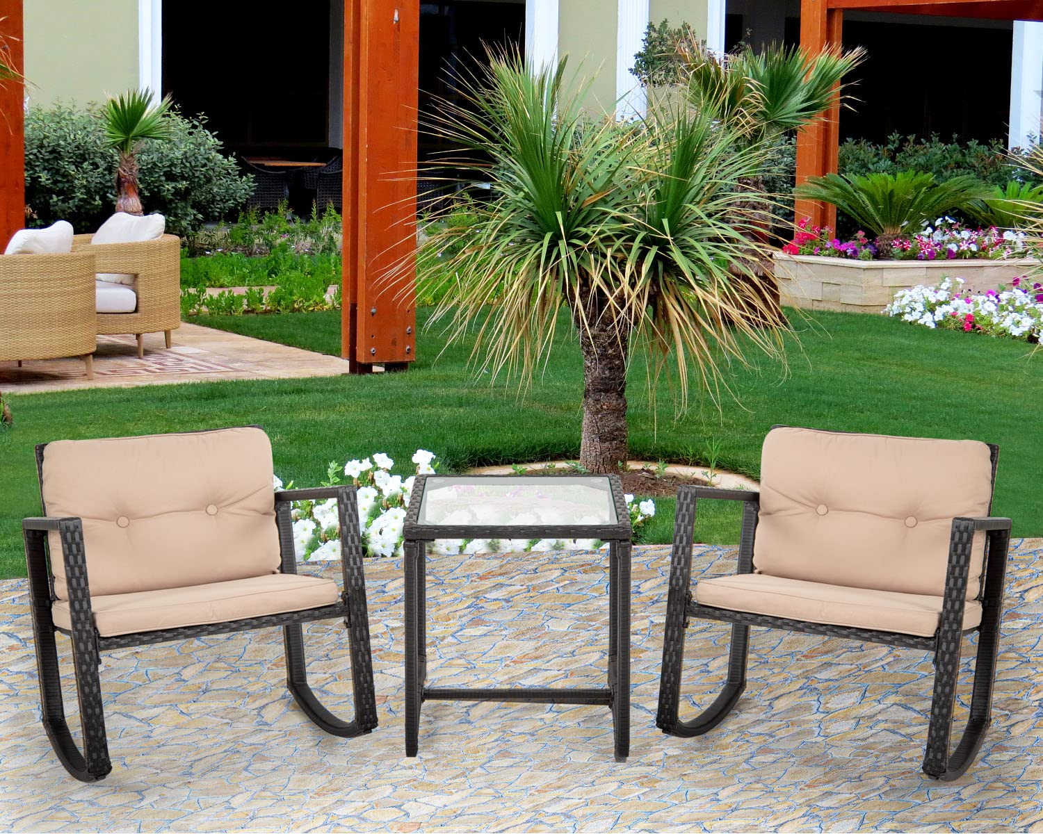 Best 3-Piece Wicker Patio Furniture Set - Outdoor Rocking Chairs with Rattan Coffee Table & Cushions for Front Porch, Garden or Backyard Relaxation