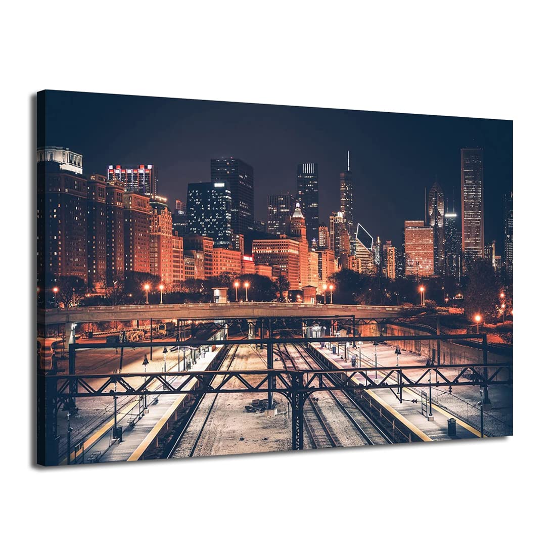 Dark Chicago Skyline and Railroad Canvas Wall Art - Framed Cityscape Print for Office, Bathroom, Living Room & Home Decor (24x36 inches, 60x90 cm) - Perfect for Urban Style Interiors & Gift Giving