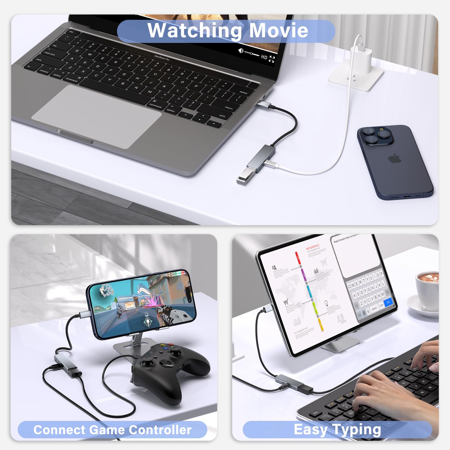 2-in-1 USB C to USB 3.0 OTG Adapter with 60W PD Charging - Compatible with iPhone 15/15 Pro, iPad Pro, MacBook Pro/Air, Galaxy S24/S23, Chromecast with Google TV, Pixel 8 - Fast Data Transfer & Simultaneous Charging for Work, Travel & Home Entertainment