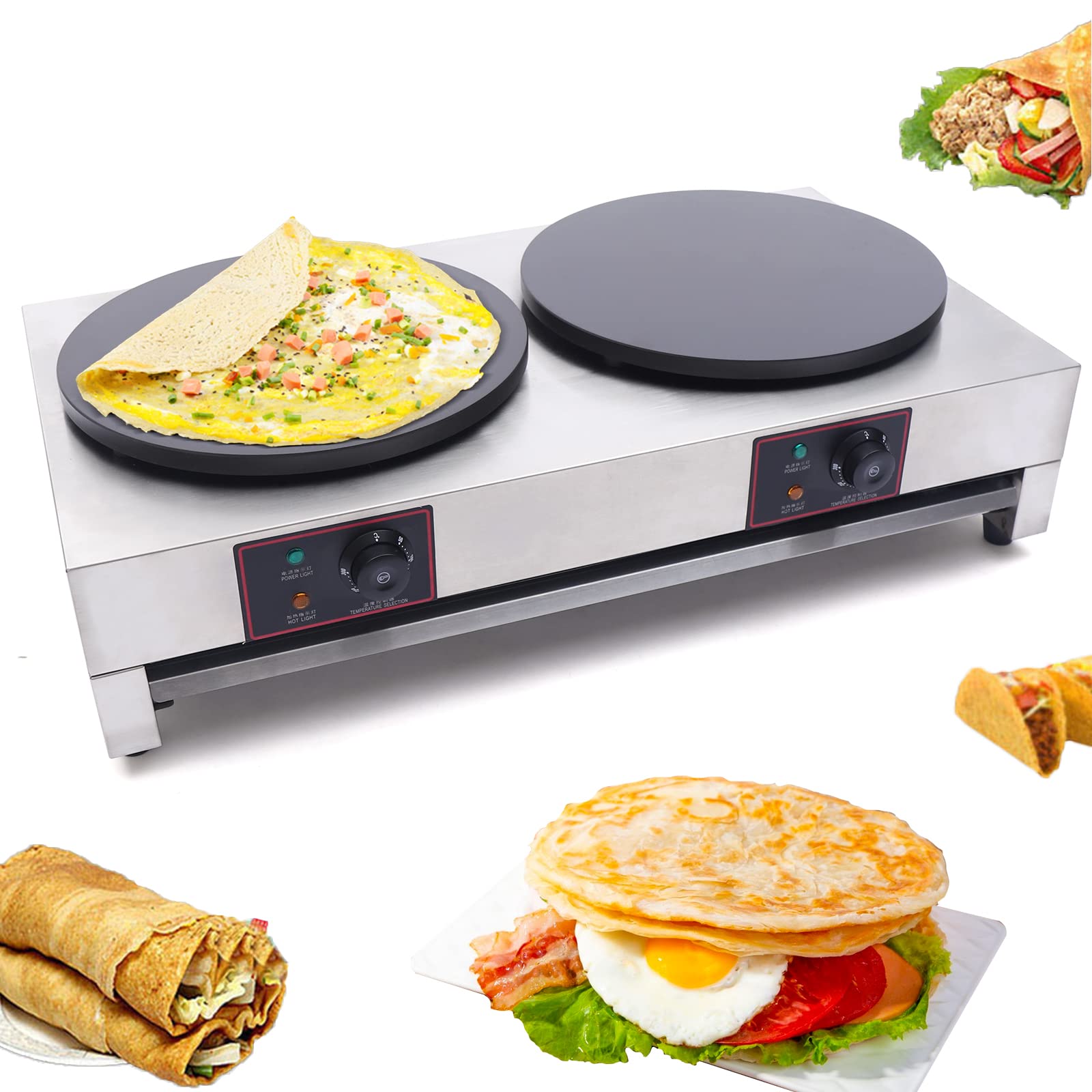 110V Commercial 16-Inch Electric Crepe Maker with Drawer Warmer - Nonstick Griddle with Adjustable Temperature for Roti, Tortilla, Eggs & BBQ - Perfect for Restaurants, Cafes & Home Kitchens (Dual Head, No Plug Included)
