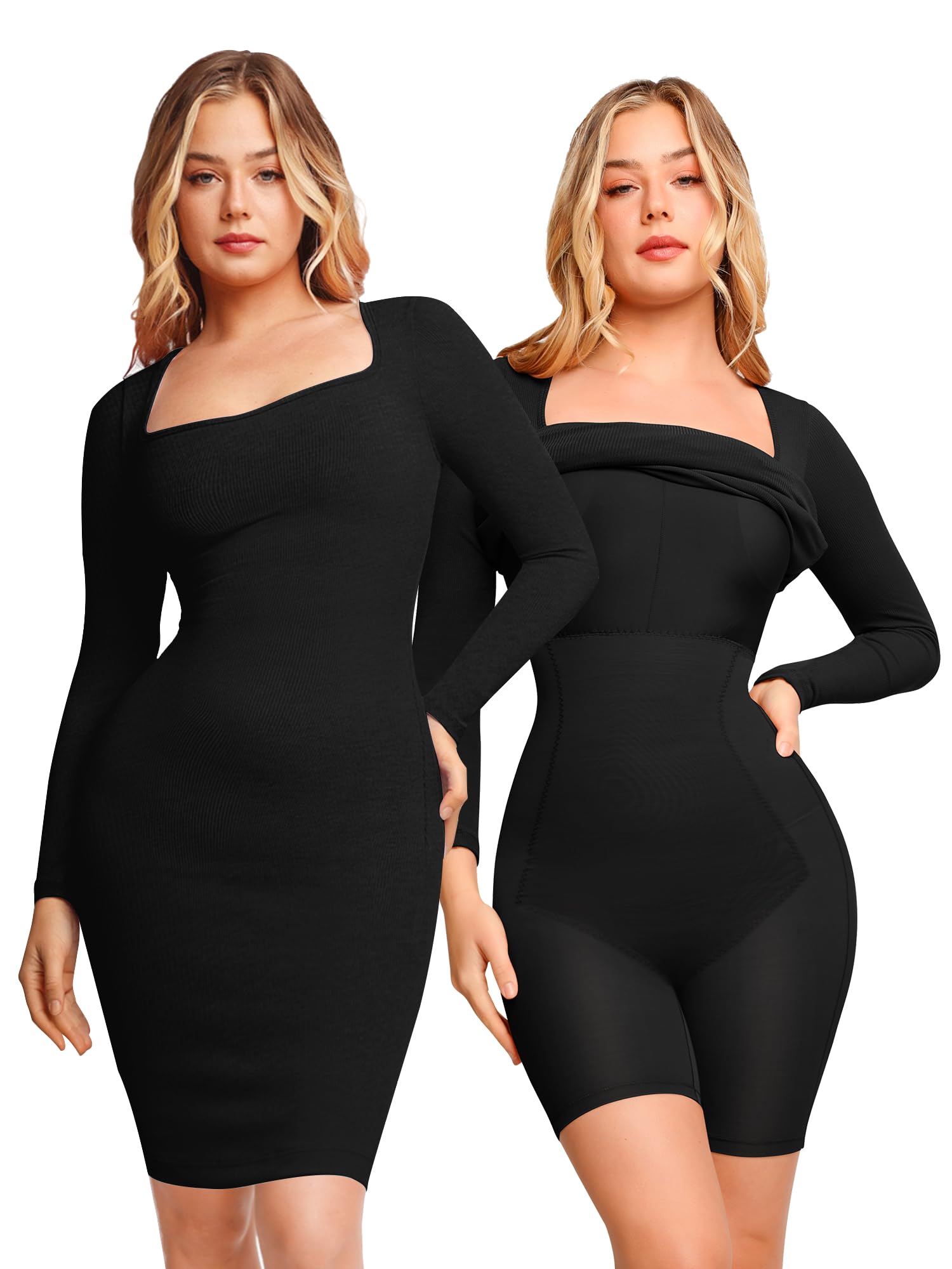 Popilush Women's 8-in-1 Shapewear Dress - Bodycon Maxi/Mini Dress with Built-in Bra, Long Sleeve & Backless Design for Slimming, Lounge Wear, Party & Special Occasions