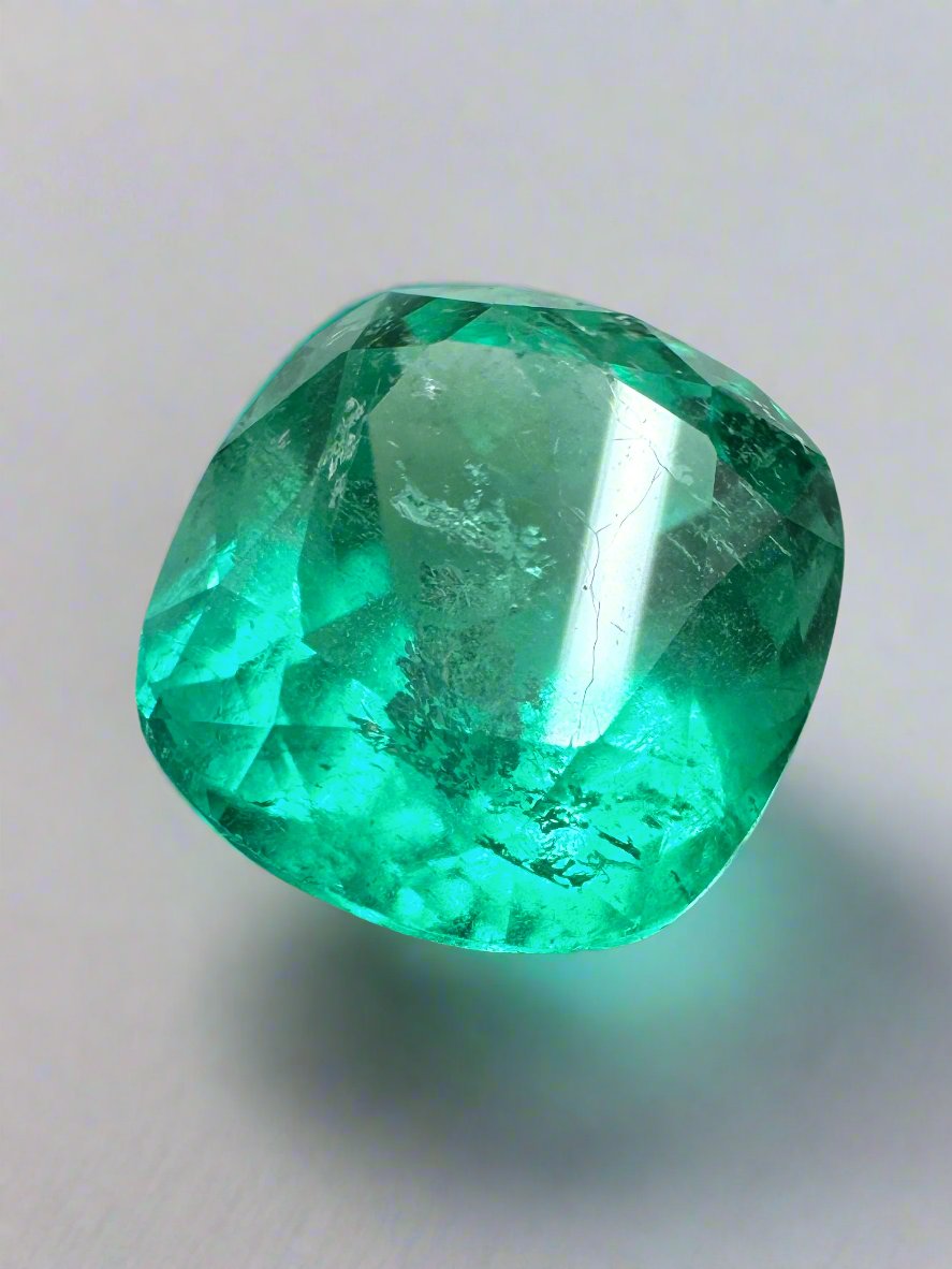 3.99 Carat Natural Colombian Emerald - 10.3x9.4mm Earthy Bluish Loose Gemstone, Cushion Cut for Jewelry Making & Engagement Rings