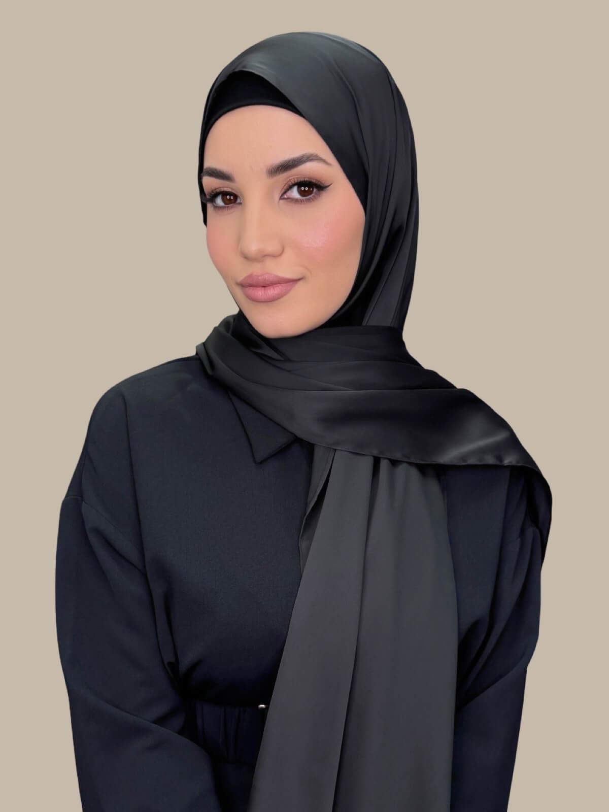 Luxury Satin Hijab Scarf - Soft & Breathable Muslim Headscarf for Women - Elegant Coal Black - Perfect for Daily Wear, Prayer, and Special Occasions