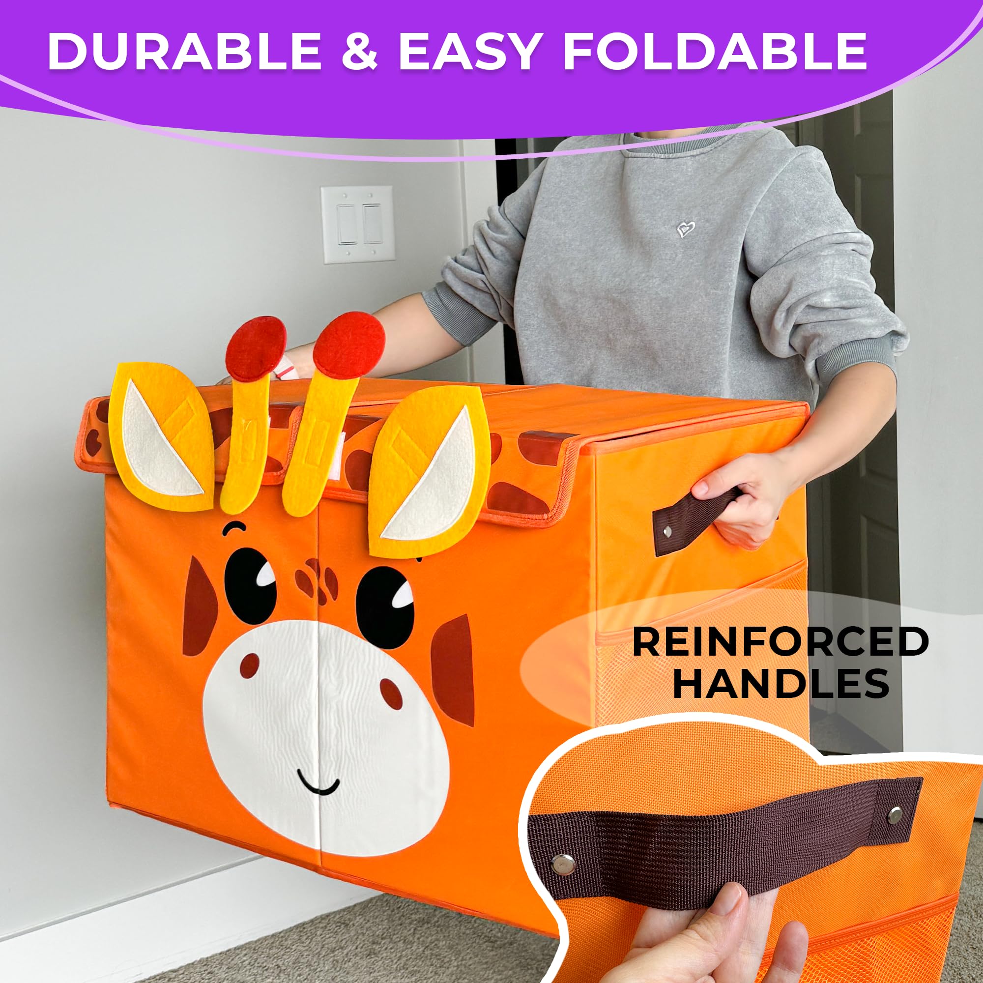 QUOKKA Large Giraffe Toy Storage Box for Kids - 24.8x16.1x13 Inch Foldable Fabric Toy Organizer with Collapsible Handles & Flip Top Lid - Playroom, Nursery, Bedroom Organization Solution for Boys and Girls - Perfect for Stuffed Animals, Legos & Kids Toys