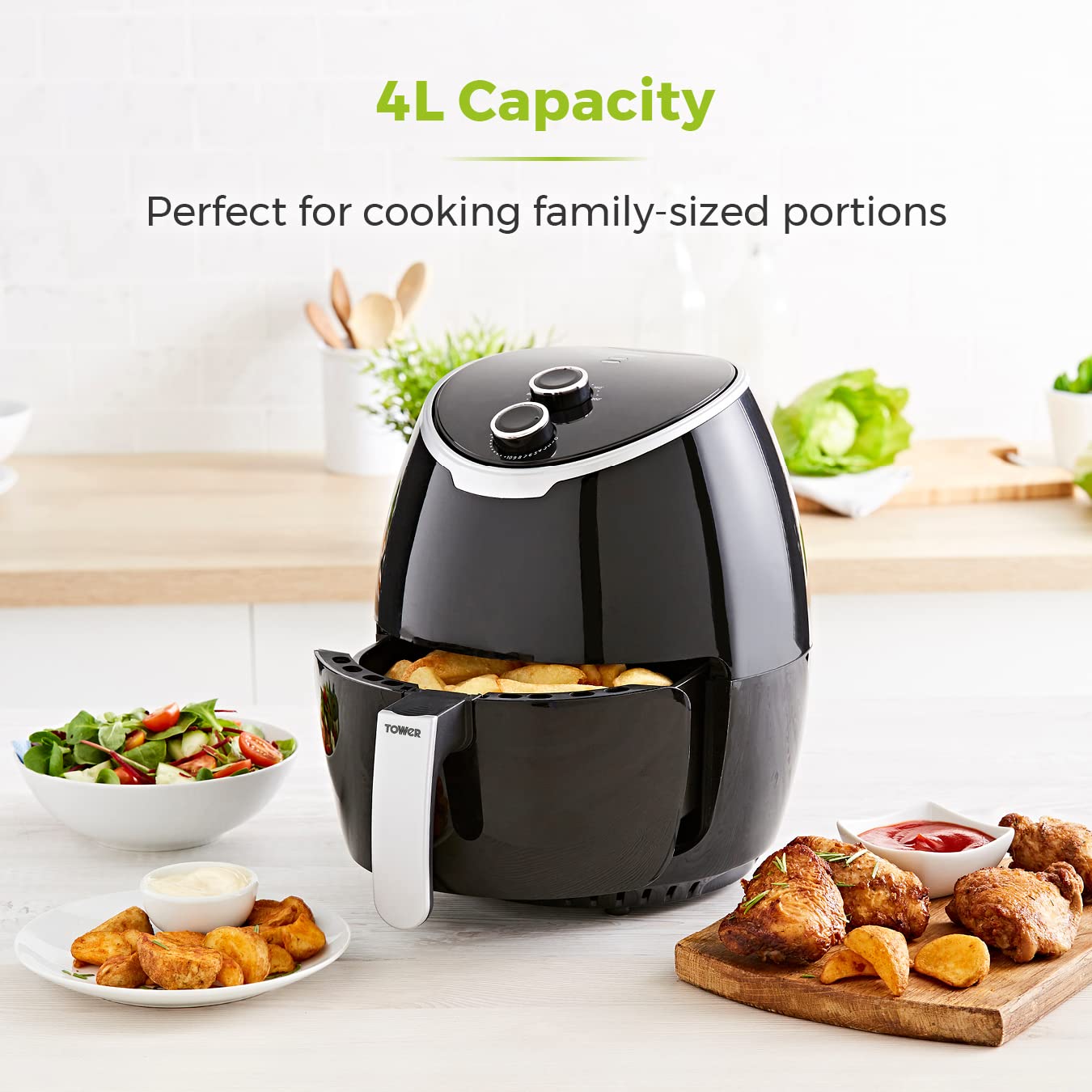 Vortexx T17061BLK Manual Air Fryer 4L Capacity - 1400W Rapid Air Circulation, 30-Min Timer - Black | Healthy Oil-Free Cooking for Family Meals, Snacks & Party Foods
