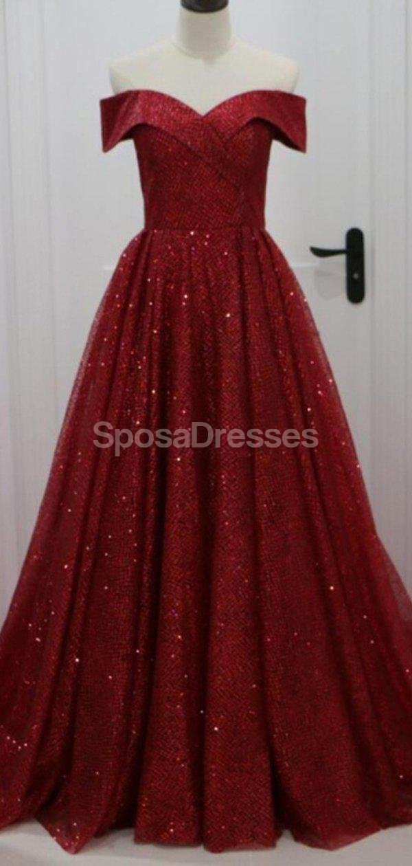 Elegant Off Shoulder Dark Red Sparkly A-Line Long Evening Prom Dress for Women - Formal Gown for Parties, Homecoming, and Special Occasions
