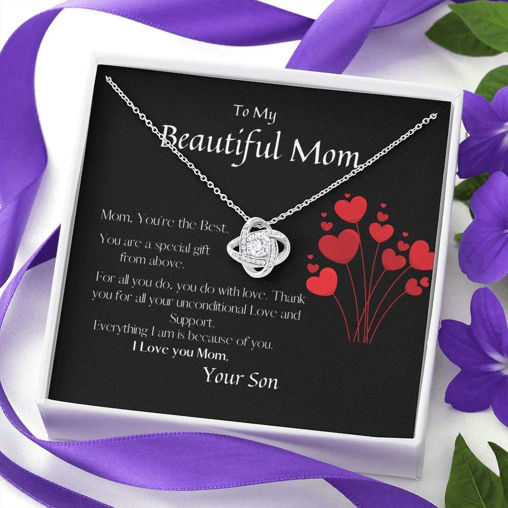Mom Love Knot Necklace - Personalized Mother's Birthday Gift from Son with Luxury Mahogany Box | Thoughtful Thank You Present for Mom, Grandma & Special Women | Perfect for Mother's Day, Christmas & Anniversary Celebrations
