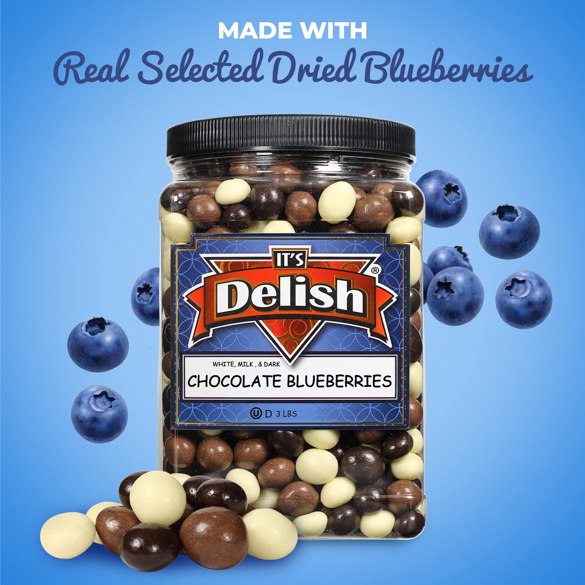 Premium Gourmet Chocolate Covered Blueberries Mix - Dark, Milk & White Chocolate - 3 LBS Bulk Size in Reusable Jar | Kosher Dairy Certified, Made in USA | Perfect for Gift Baskets, Party Favors & Healthy Snacking