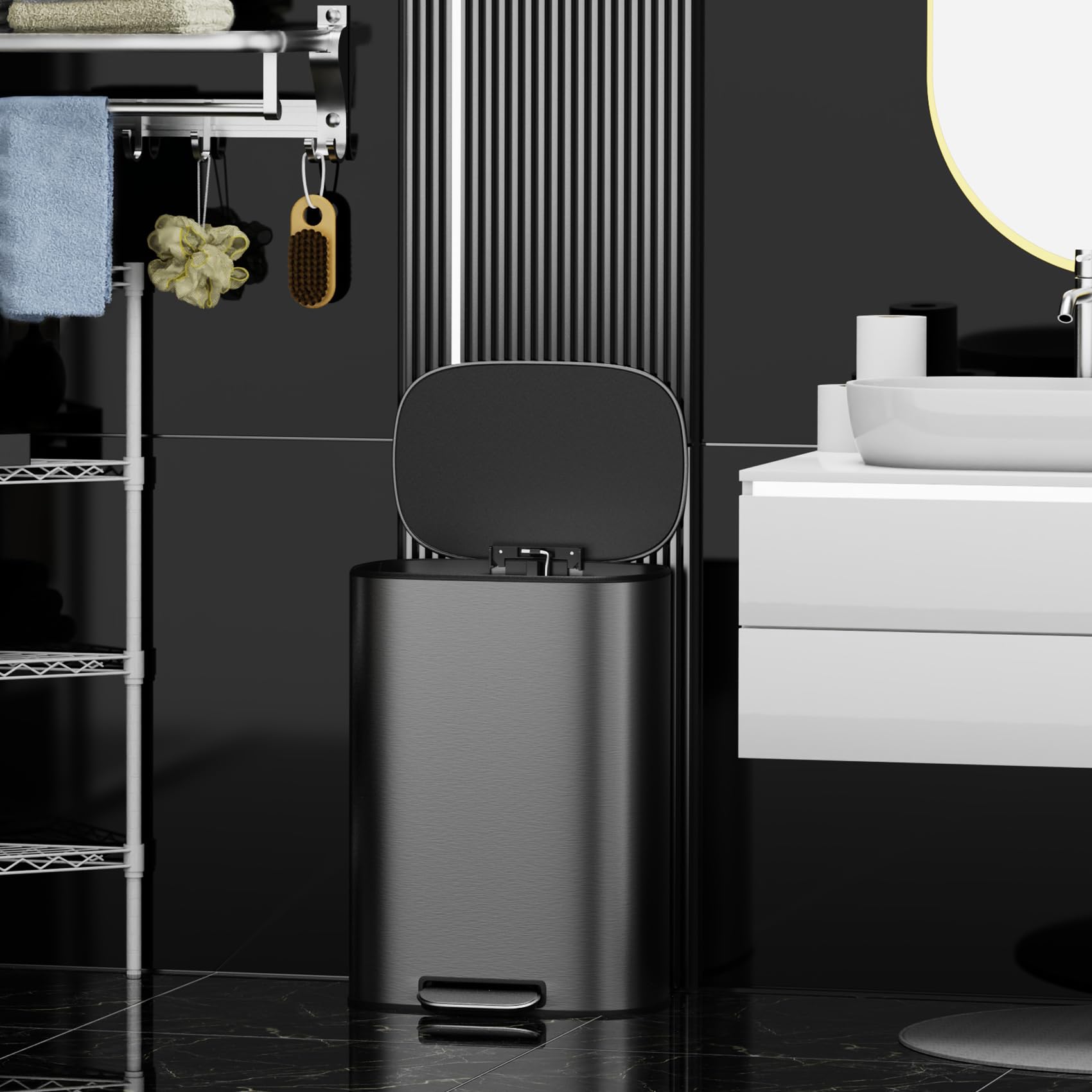 13 Gallon Stainless Steel Trash Can with Lid - Metal Foot Pedal, Quiet Soft Close, Includes 30 Garbage Bags - Perfect for Kitchen, Office, Living Room, Bathroom & Commercial Use