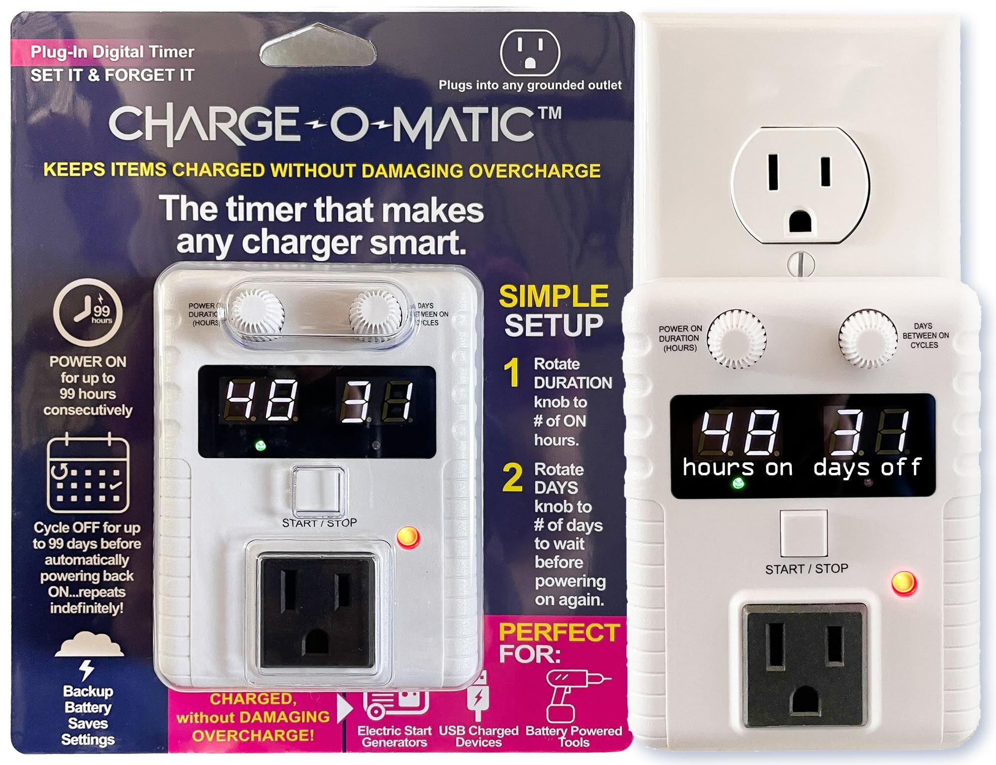 Smart Charging Timer - Charge-O-Matic | Auto Power On/Off for 99 Hours/99 Days | ETL Certified | Perfect for Phones, Laptops & Electric Vehicles | Save Energy & Extend Battery Life