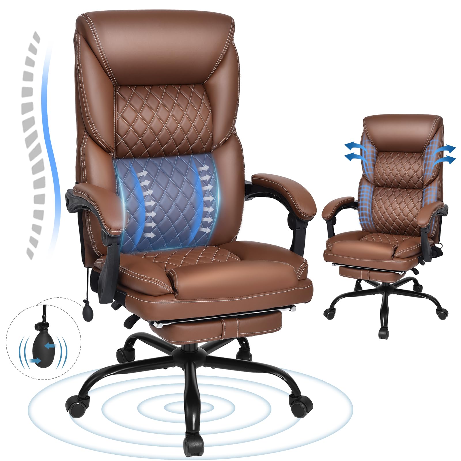 Big and Tall Ergonomic Office Chair with Footrest - High Back Reclining Leather Computer Gaming Chair with Lumbar Support for Home & Office (Brown) | Perfect for Long Work Hours, Gaming Sessions & Remote Work Comfort