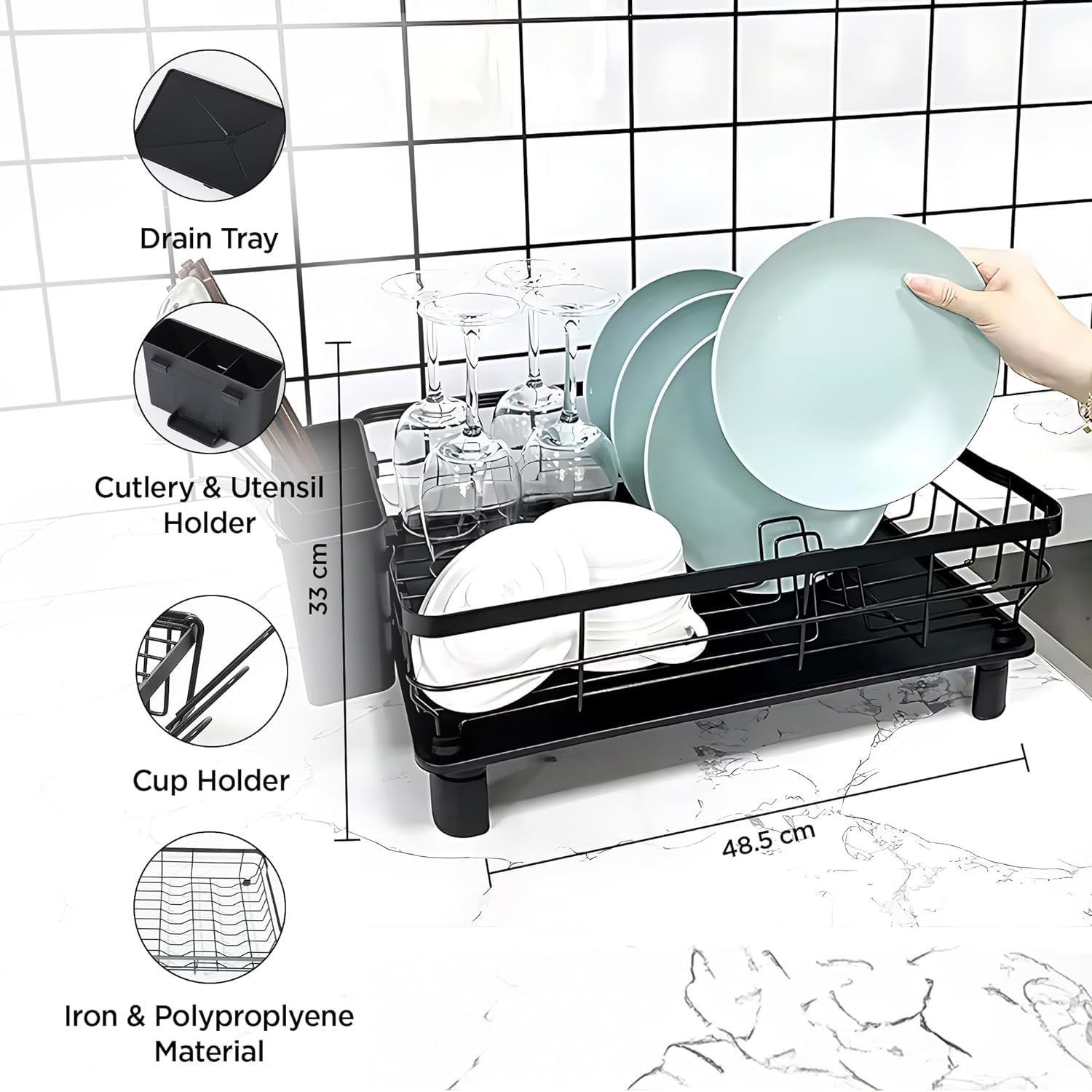 Urbane Home Iron Kitchen Rack with Utensil Basket Drainer | Dish Drying Rack & Organizer | Space-Saving Kitchen Stand for Countertop | Black Metal Kitchen Storage | Perfect for Small Kitchens & Apartments
