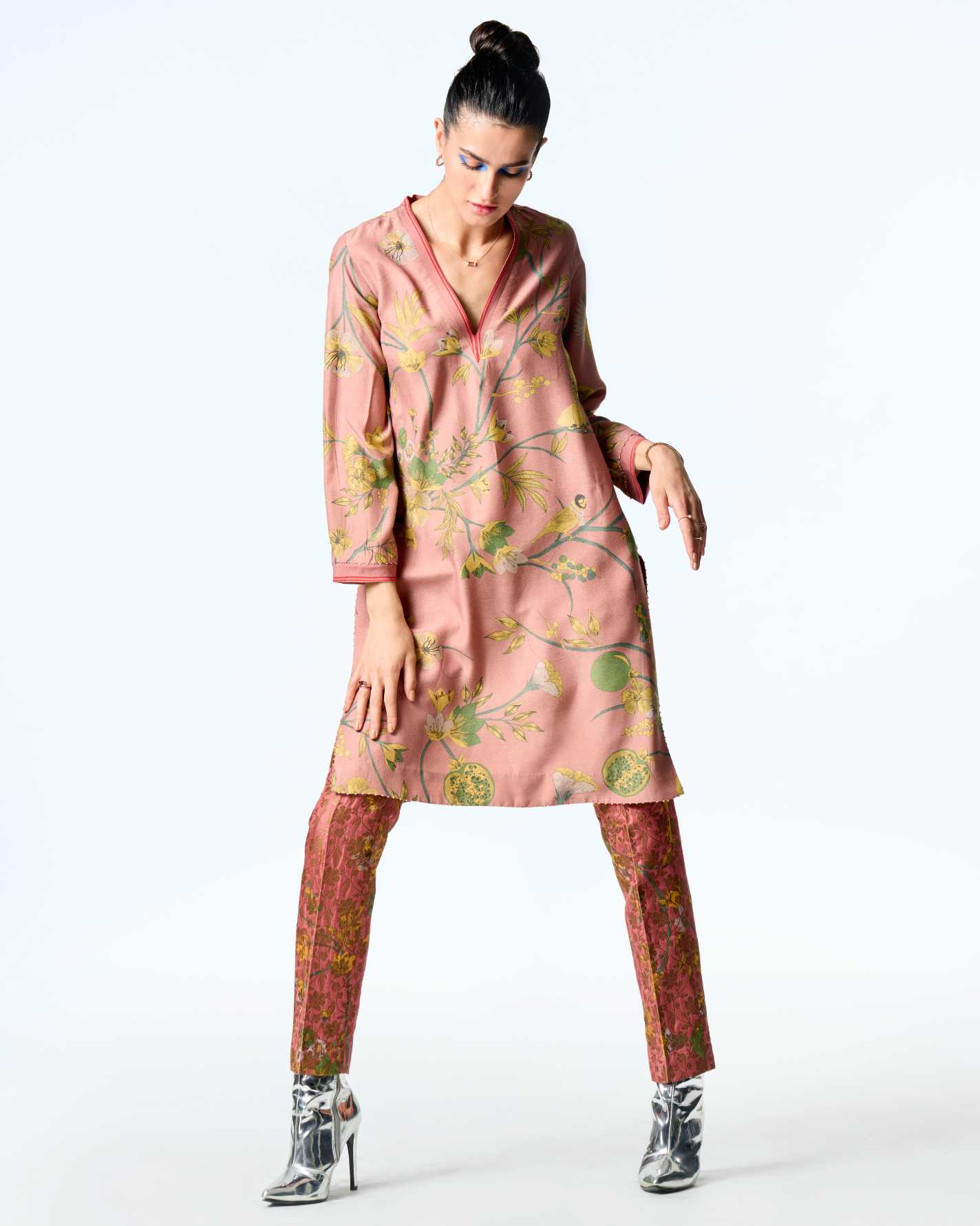 Elegant V Neck Kurta in Luxurious Muga Satin with Rose Design - Perfect for Festive Occasions, Weddings & Cultural Events