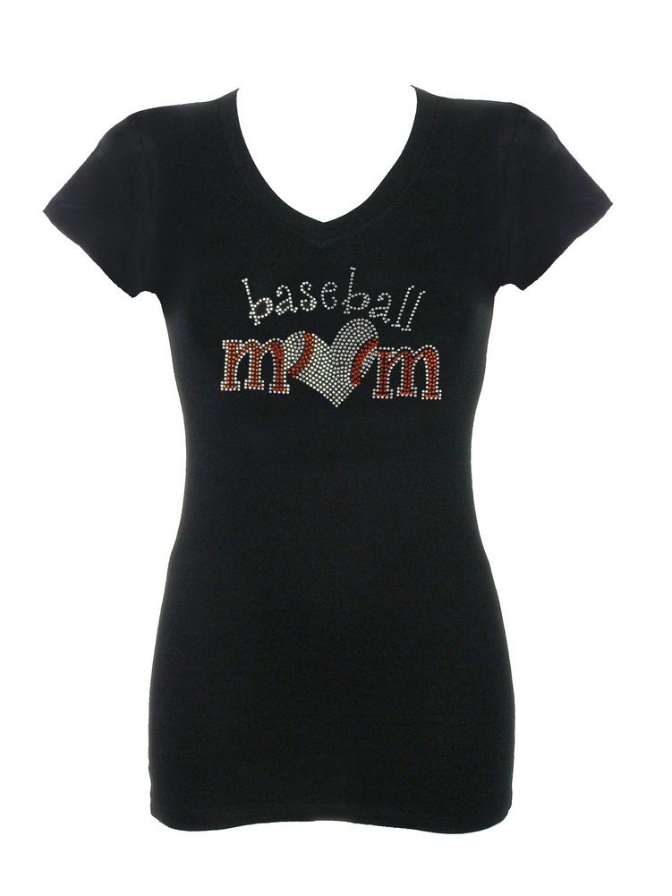 DivaDesigns Women's Rhinestone Bling Baseball Mom T-Shirt - Trendy Graphic Tee for Casual Wear, Sports Events & Mother's Day Gifts