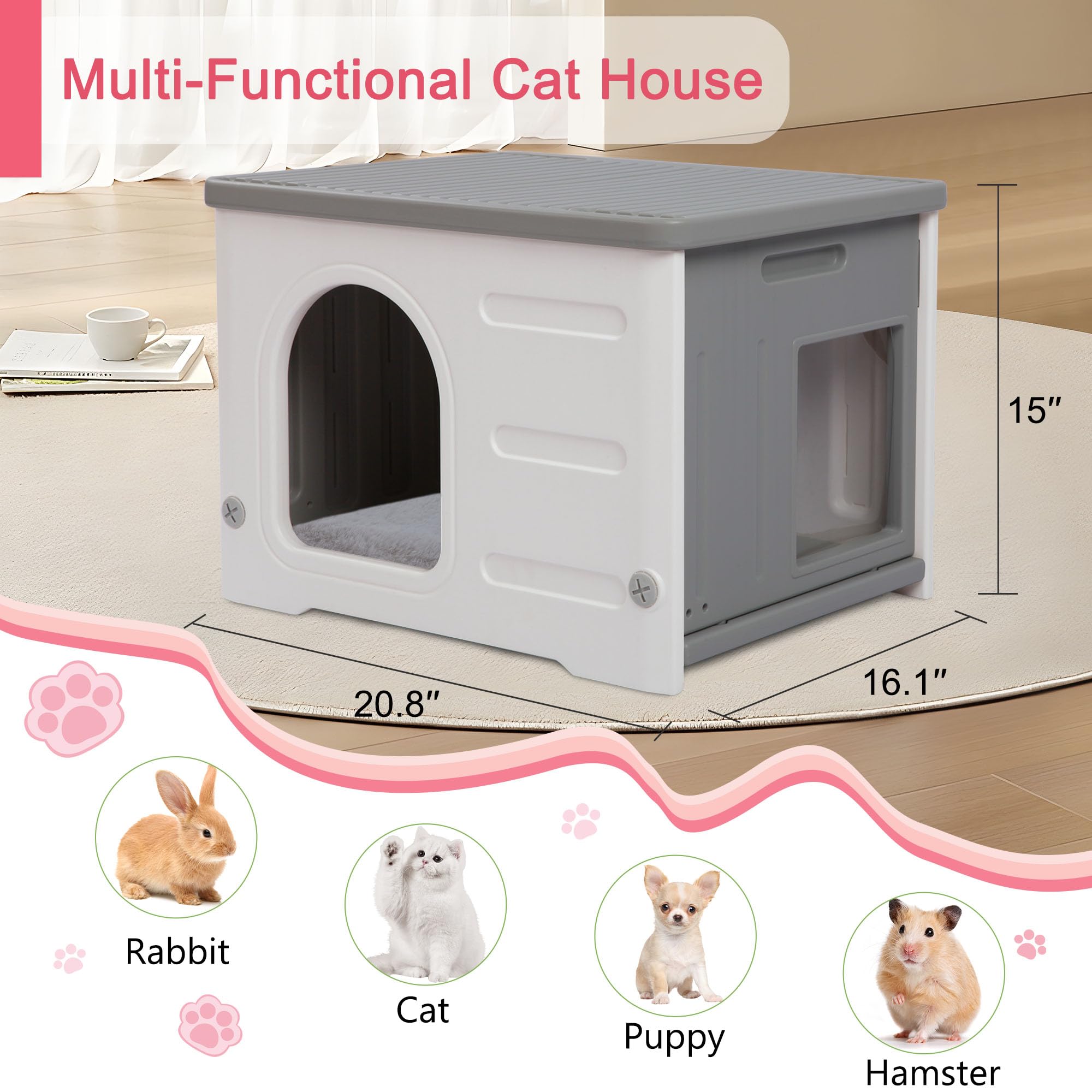 Rockever Waterproof Outdoor Cat House with Escape Door & Bed Mat - Sturdy Indoor/Outdoor Shelter for Feral Cats, Easy Assembly (Grey) - Perfect for Backyard, Garden & Winter Protection